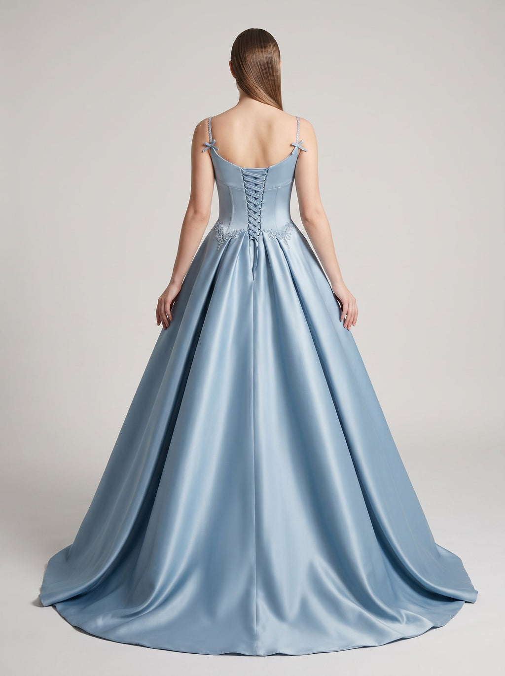 Sky Blue Satin A-Line Scoop Neck Lace-up Floor-Length Dress with Pleated Bodice