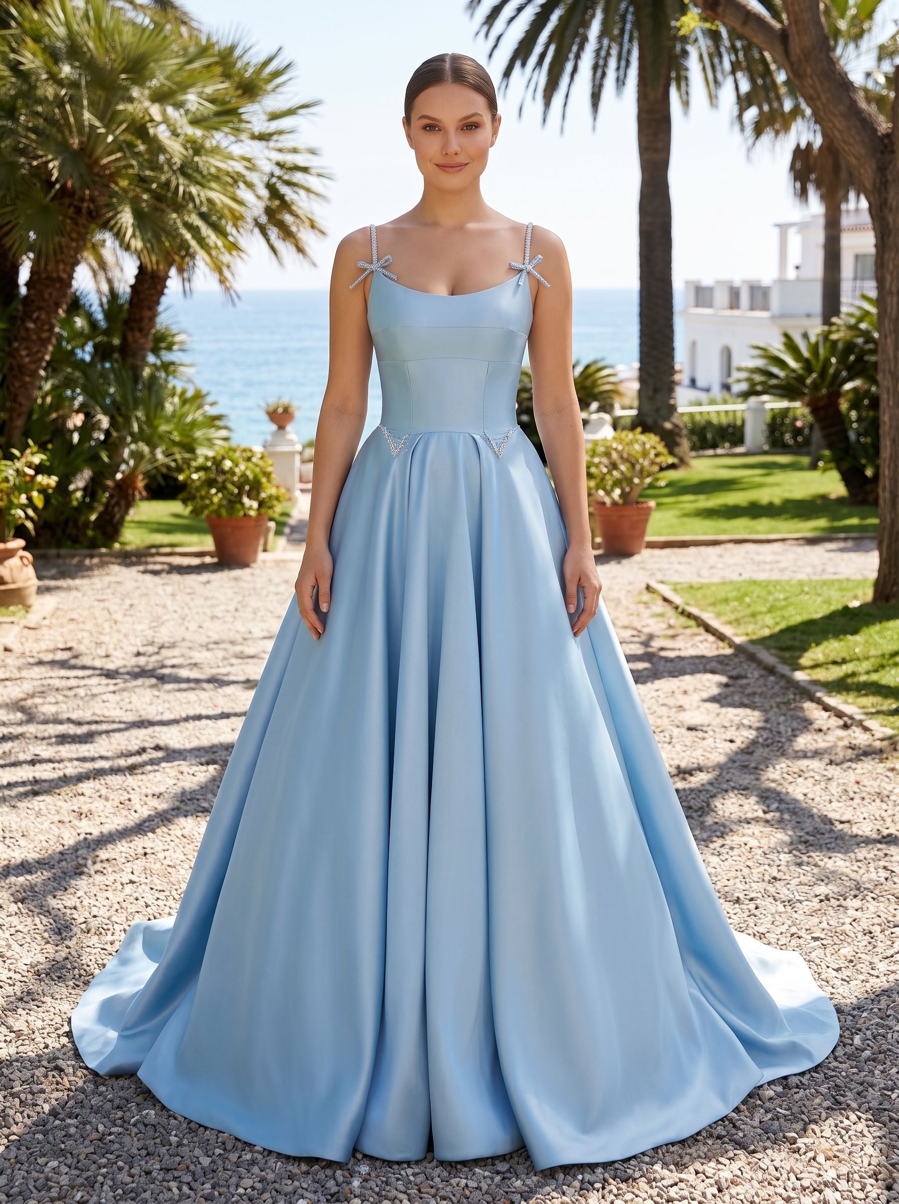Sky Blue Satin A-Line Scoop Neck Lace-up Floor-Length Dress with Pleated Bodice
