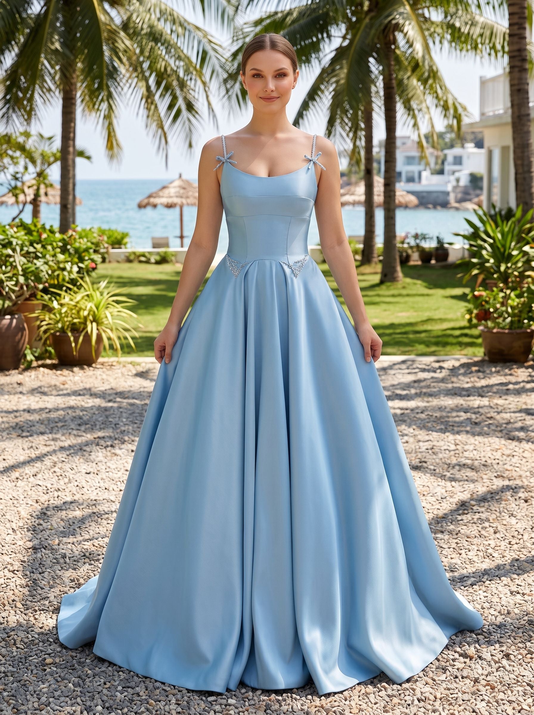 Sky Blue Satin A-Line Scoop Neck Lace-up Floor-Length Dress with Pleated Bodice