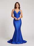 Royal Blue Satin Mermaid V-Neck Criss-Cross Straps Floor-Length Dress with Structured Bodice
