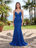 Royal Blue Sequins column V-Neck Criss-Cross Straps Floor-Length Dress with Open Back