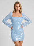 Sky Blue Sequins Sheath Cowl Neck Open Back Short Dress with Long Sleeves
