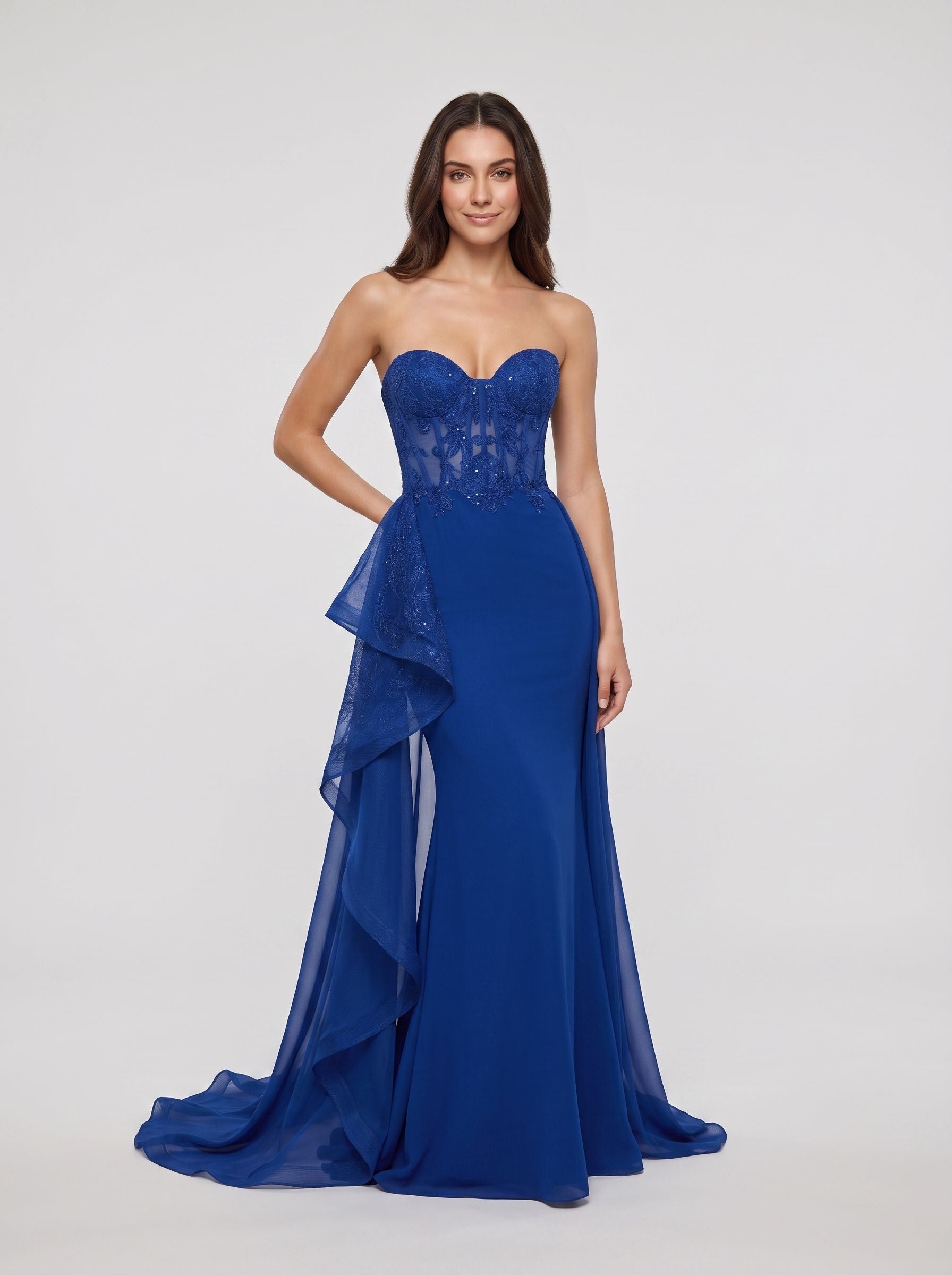 Royal Blue Tulle Sheath Sweetheart Back Zip Floor-Length Dress with Lace Bodice
