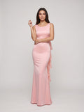 Blushing Pink Satin Mermaid Scoop Neck Back Zip Floor-Length Dress with fishtail hemline and clean seams