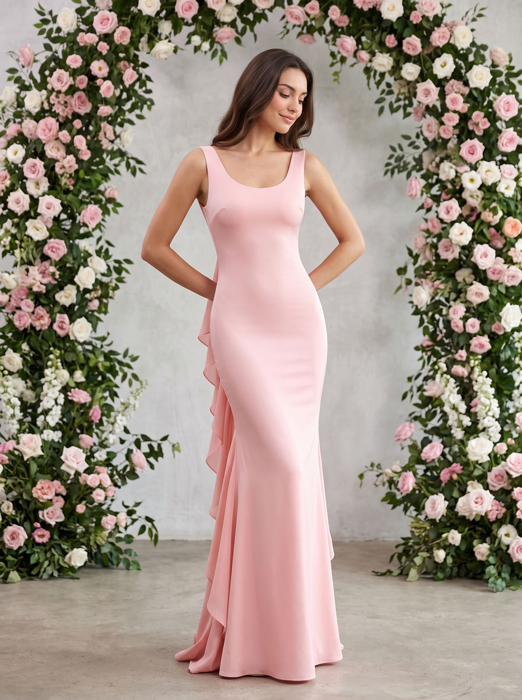 Blushing Pink Satin Mermaid Scoop Neck Back Zip Floor-Length Dress with fishtail hemline and clean seams