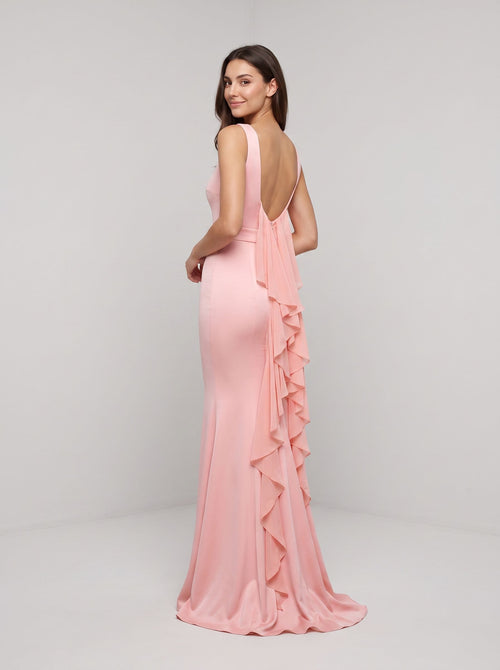 Blushing Pink Satin Mermaid Scoop Neck Back Zip Floor-Length Dress with fishtail hemline and clean seams