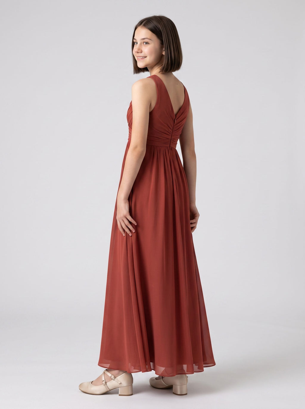 Rust Chiffon A-Line Scoop Neck Back Zip Floor-Length Dress with Pleated Bodice