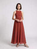 Rust Chiffon A-Line Scoop Neck Back Zip Floor-Length Dress with Pleated Bodice