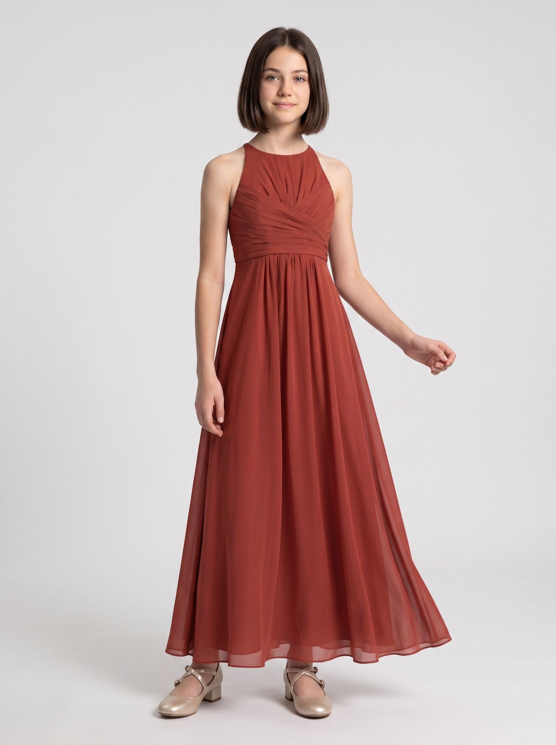 Rust Chiffon A-Line Scoop Neck Back Zip Floor-Length Dress with Pleated Bodice