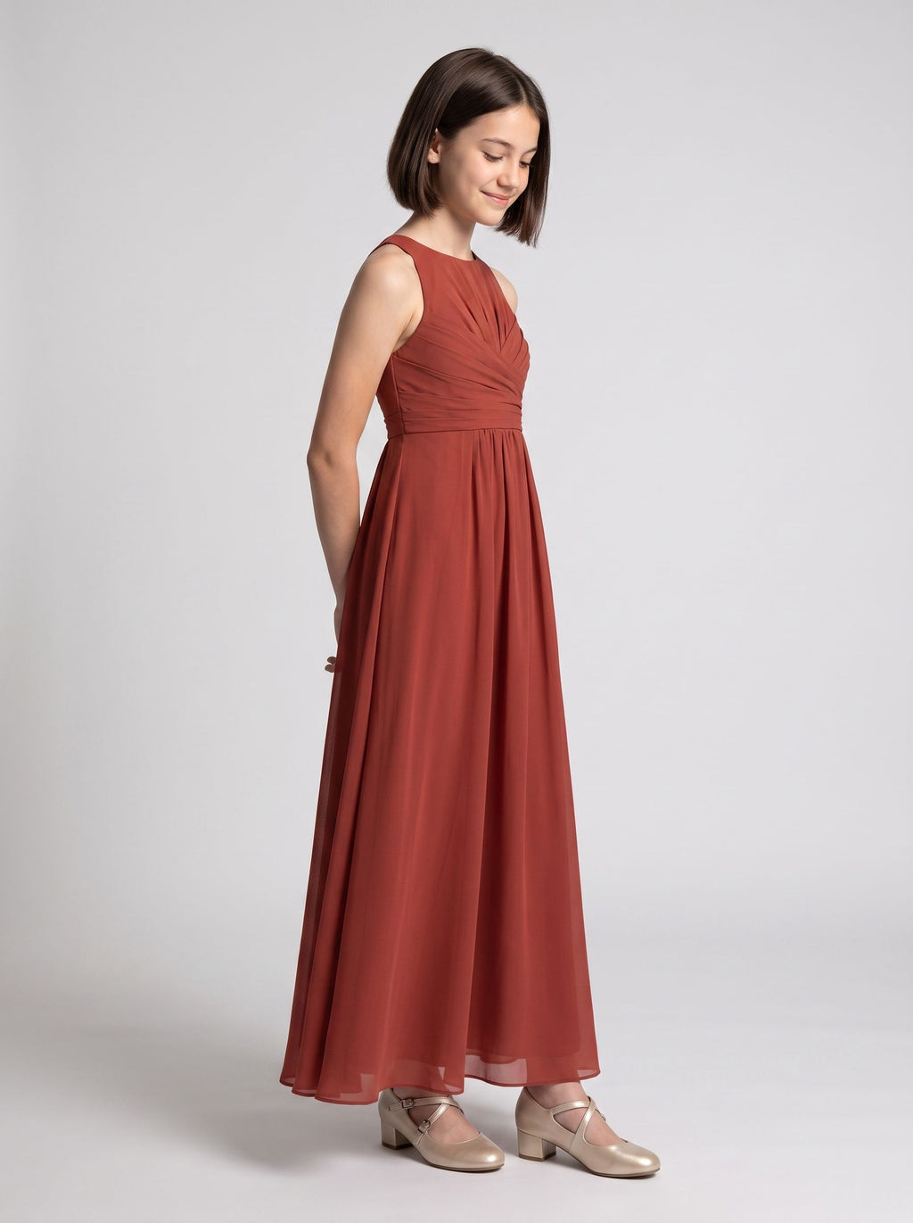 Rust Chiffon A-Line Scoop Neck Back Zip Floor-Length Dress with Pleated Bodice