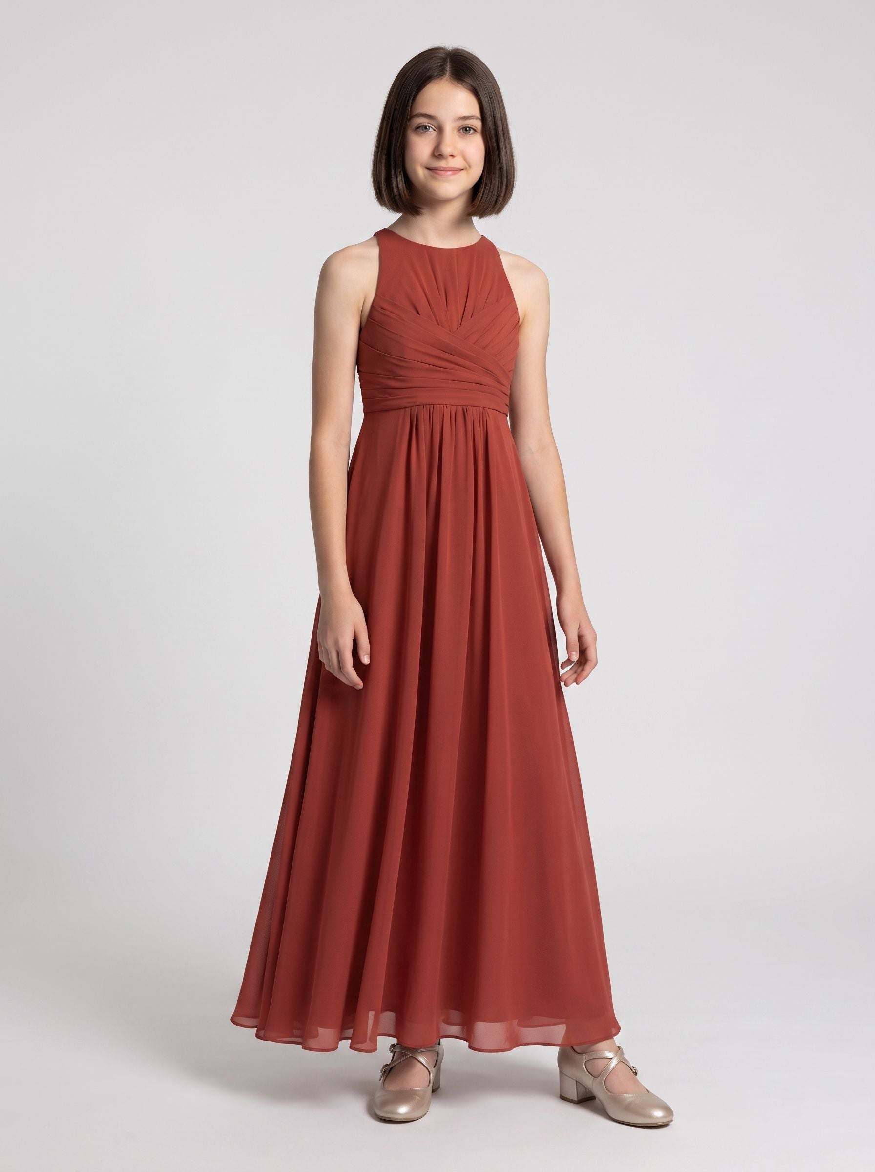 Rust Chiffon A-Line Scoop Neck Back Zip Floor-Length Dress with Pleated Bodice