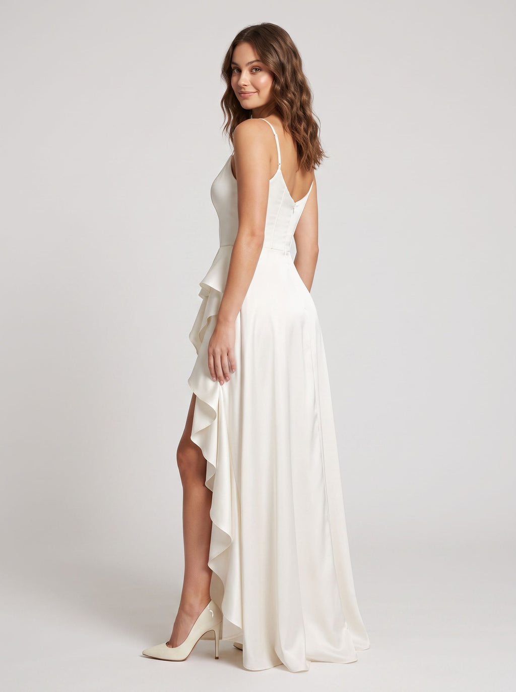 White Satin A-Line V-Neck Back Zip Floor-Length Dress with High Front Split