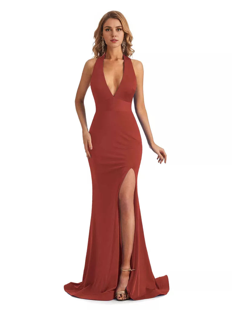 Sexy Mermaid Halter V-neck halter Side Slit  Jersey Long Formal Bridesmaid Dresses