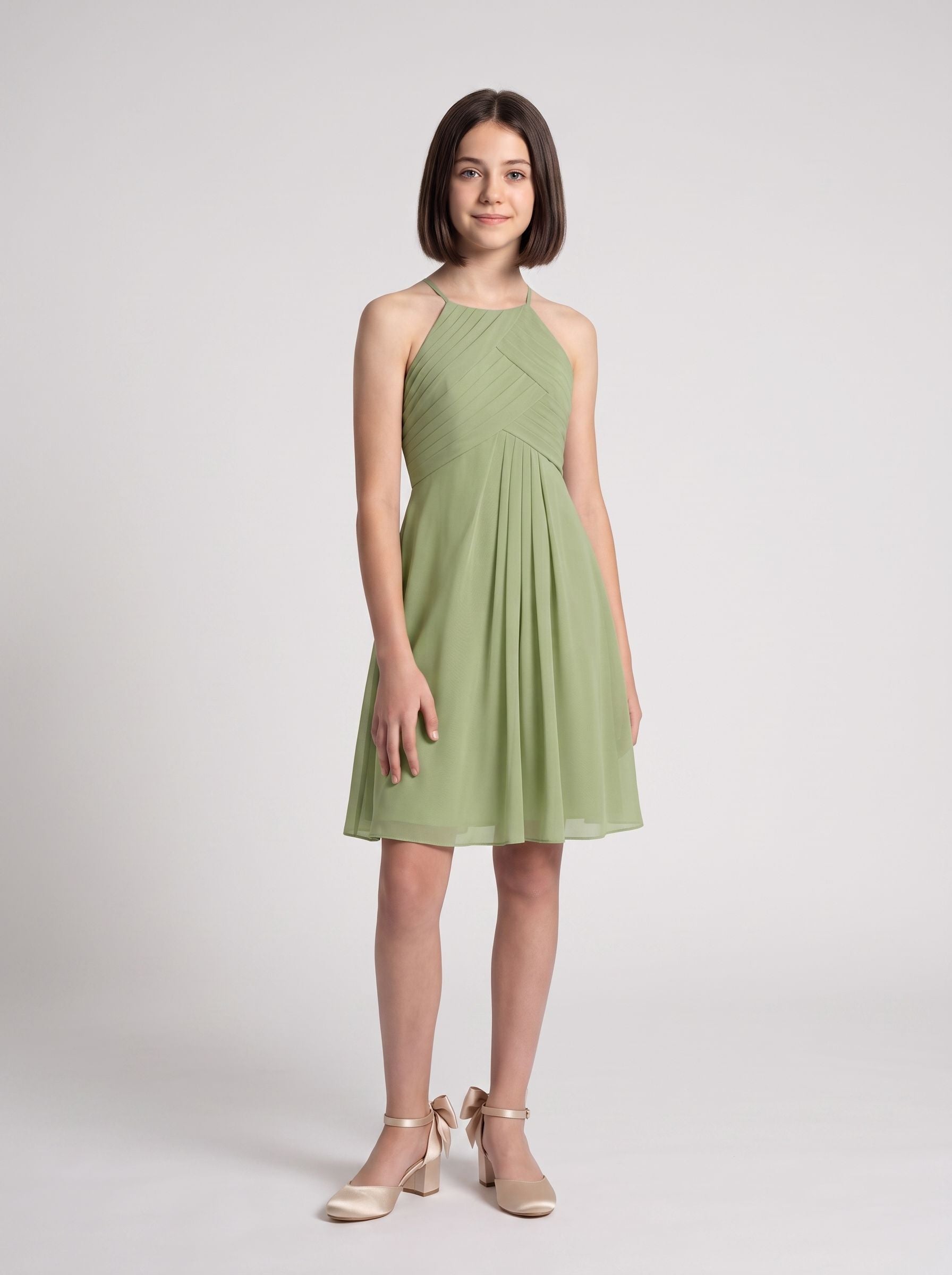 Sage Chiffon A-Line Halter neckline Back Zip Short Dress with Pleating