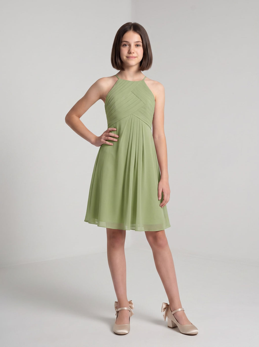 Sage Chiffon A-Line Halter neckline Back Zip Short Dress with Pleating