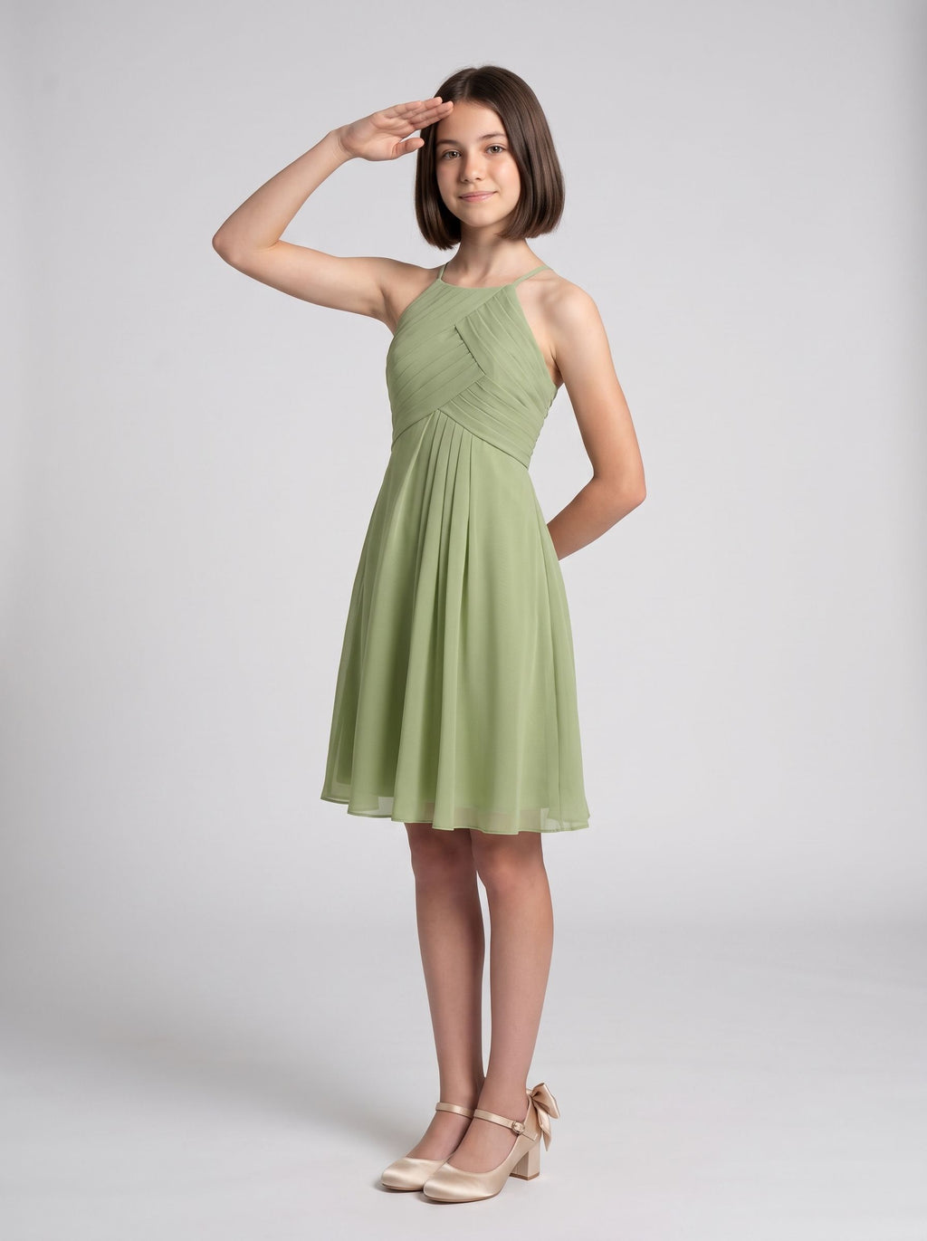 Sage Chiffon A-Line Halter neckline Back Zip Short Dress with Pleating