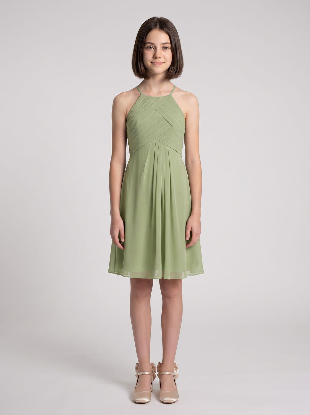 Sage Chiffon A-Line Halter neckline Back Zip Short Dress with Pleating