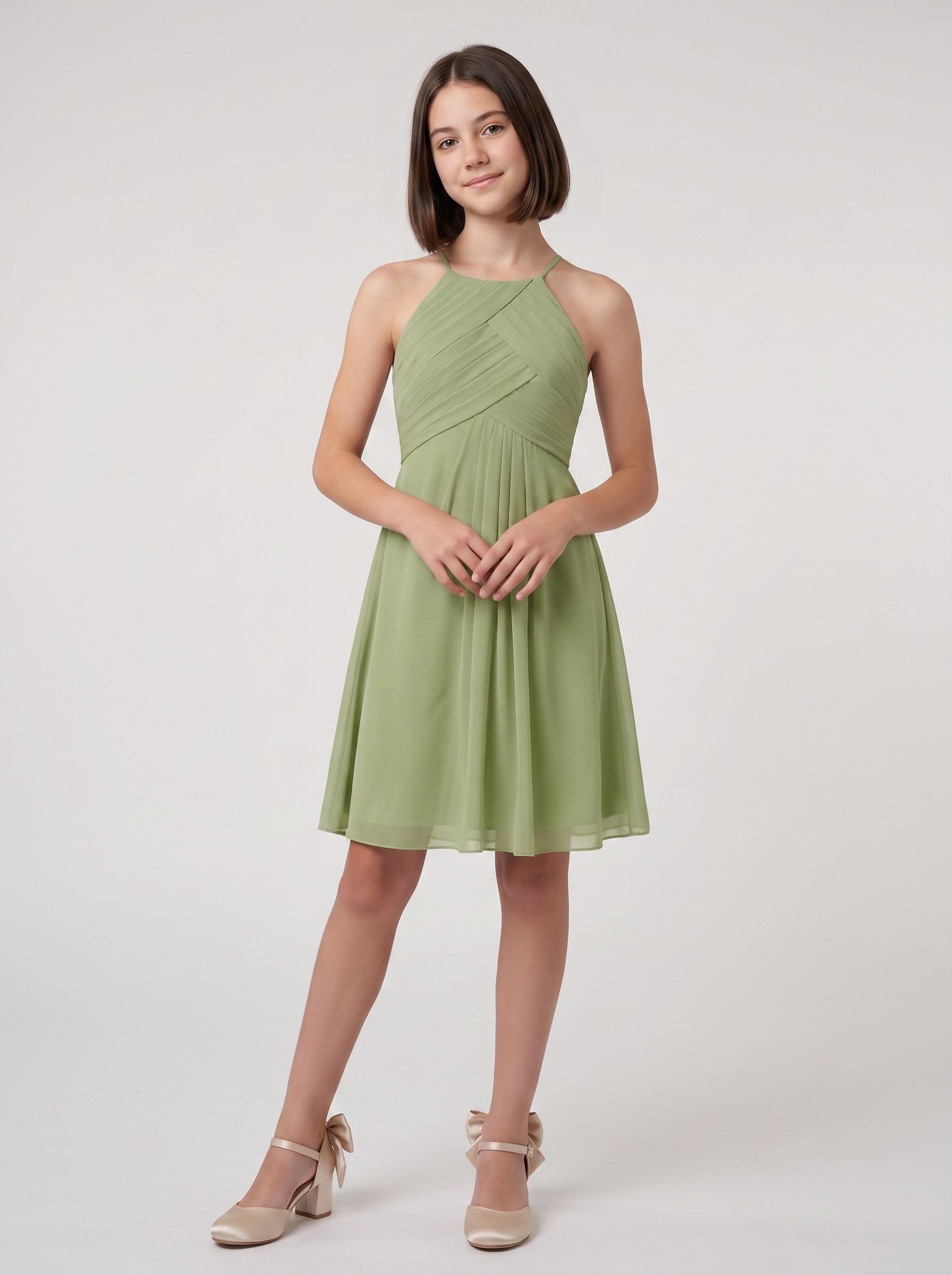 Sage Chiffon A-Line Halter neckline Back Zip Short Dress with Pleating