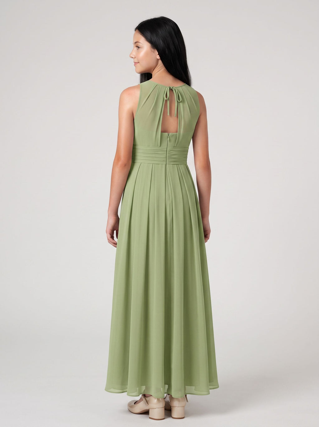 Sage Chiffon A-Line Scoop Neck Back Zip Floor-Length Dress with Pleated Bodice