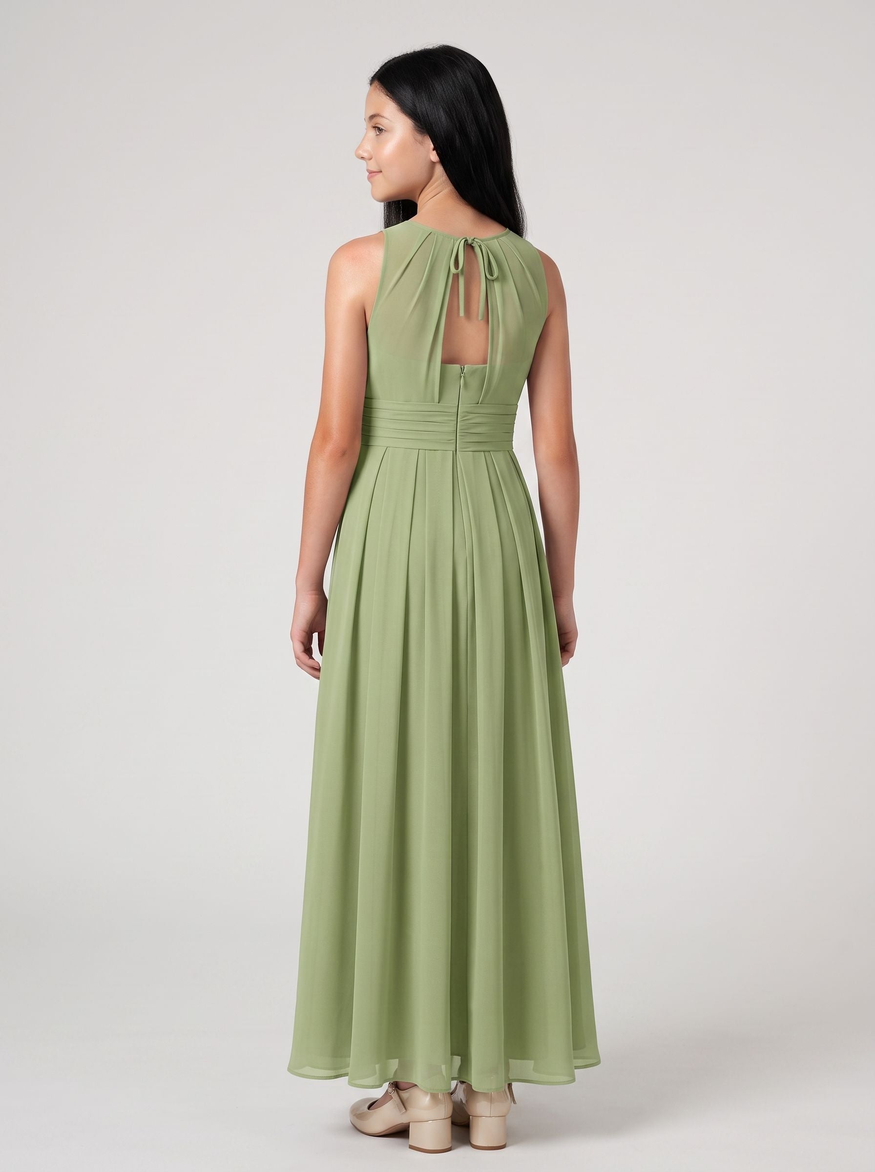 Sage Chiffon A-Line Scoop Neck Back Zip Floor-Length Dress with Pleated Bodice