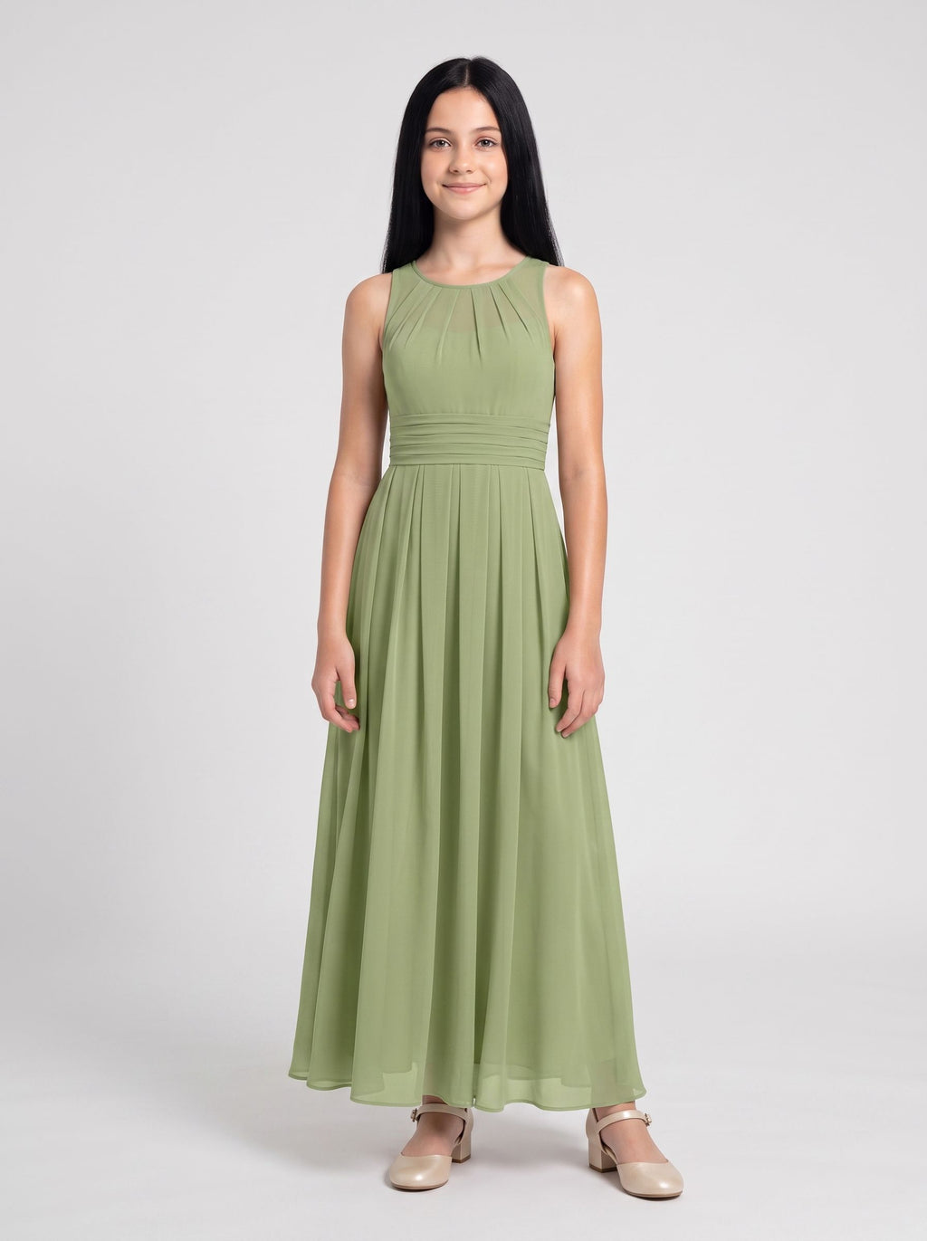 Sage Chiffon A-Line Scoop Neck Back Zip Floor-Length Dress with Pleated Bodice