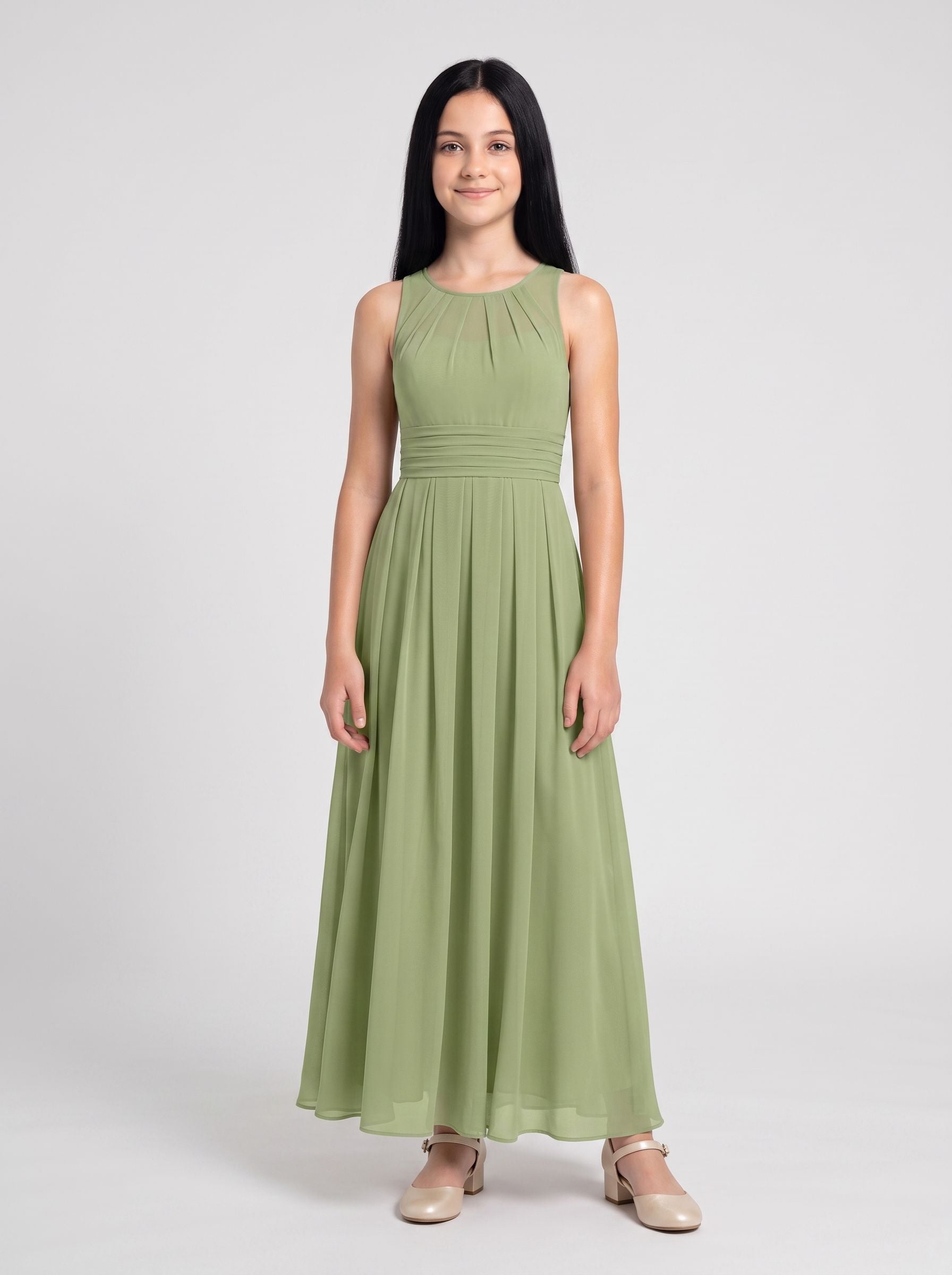 Sage Chiffon A-Line Scoop Neck Back Zip Floor-Length Dress with Pleated Bodice