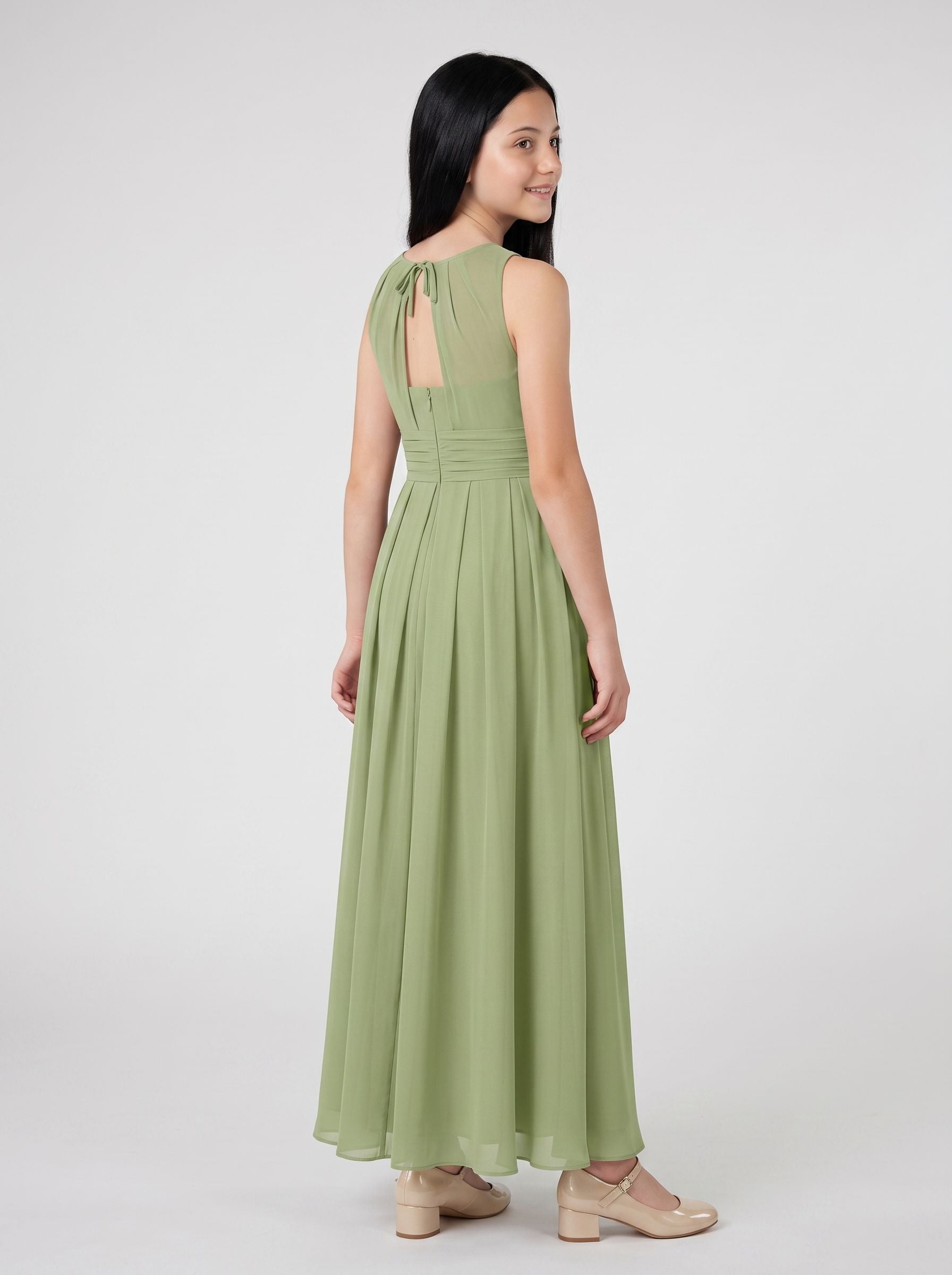 Sage Chiffon A-Line Scoop Neck Back Zip Floor-Length Dress with Pleated Bodice