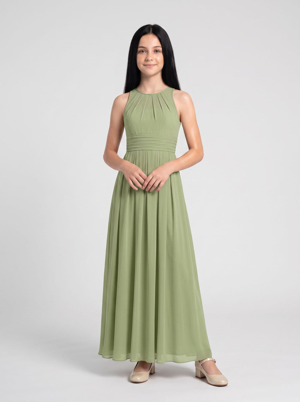 Sage Chiffon A-Line Scoop Neck Back Zip Floor-Length Dress with Pleated Bodice