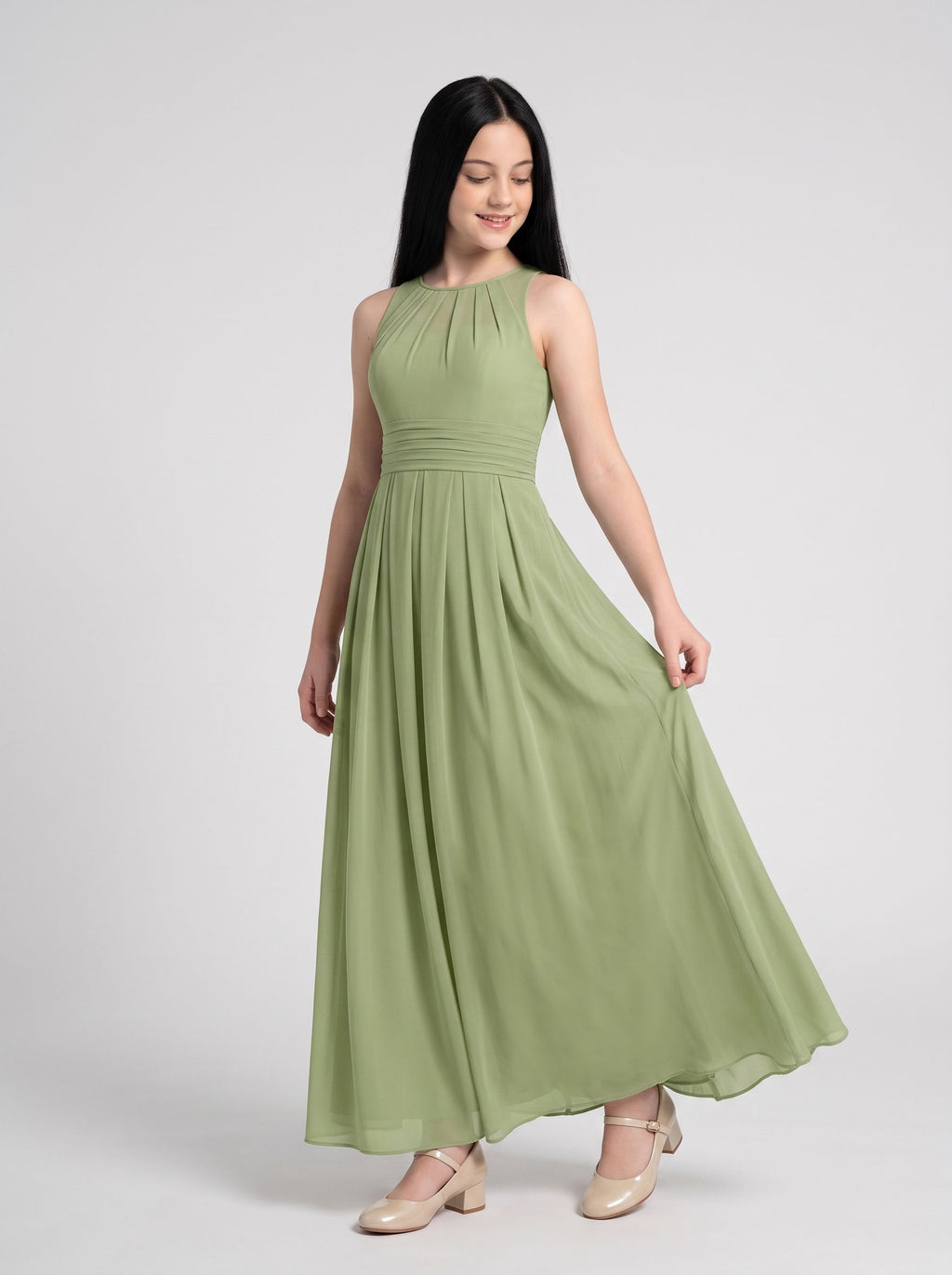 Sage Chiffon A-Line Scoop Neck Back Zip Floor-Length Dress with Pleated Bodice