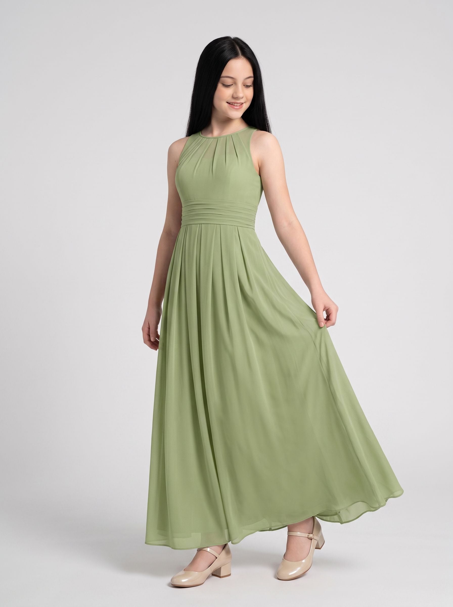 Sage Chiffon A-Line Scoop Neck Back Zip Floor-Length Dress with Pleated Bodice