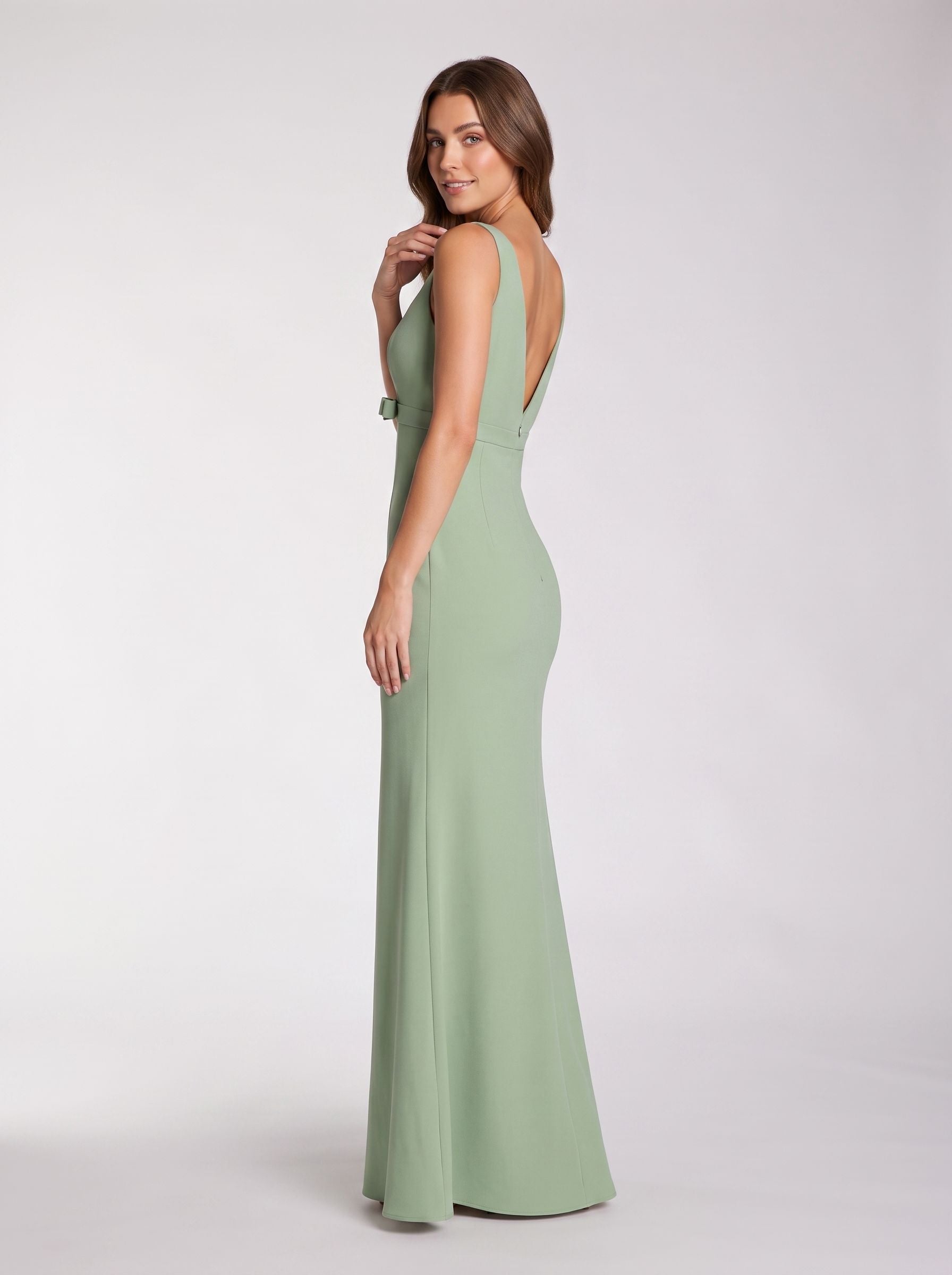 Dusty Sage Crepe Mermaid V-Neck V-Back Floor-Length Dress with Bow Bodice