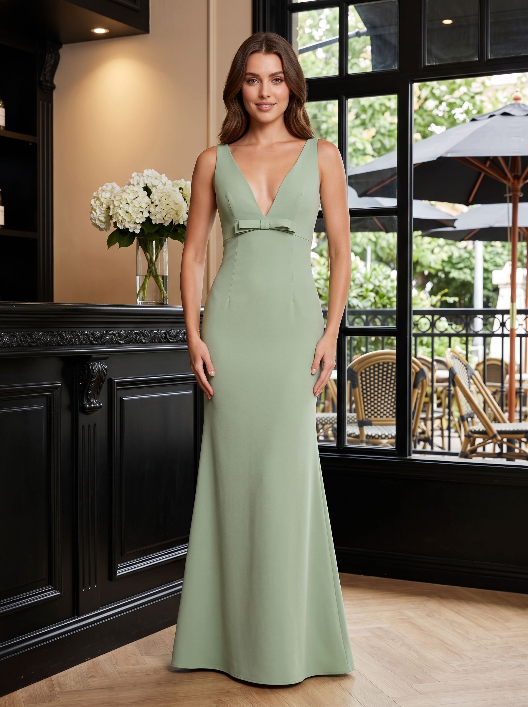 Dusty Sage Crepe Mermaid V-Neck V-Back Floor-Length Dress with Bow Bodice