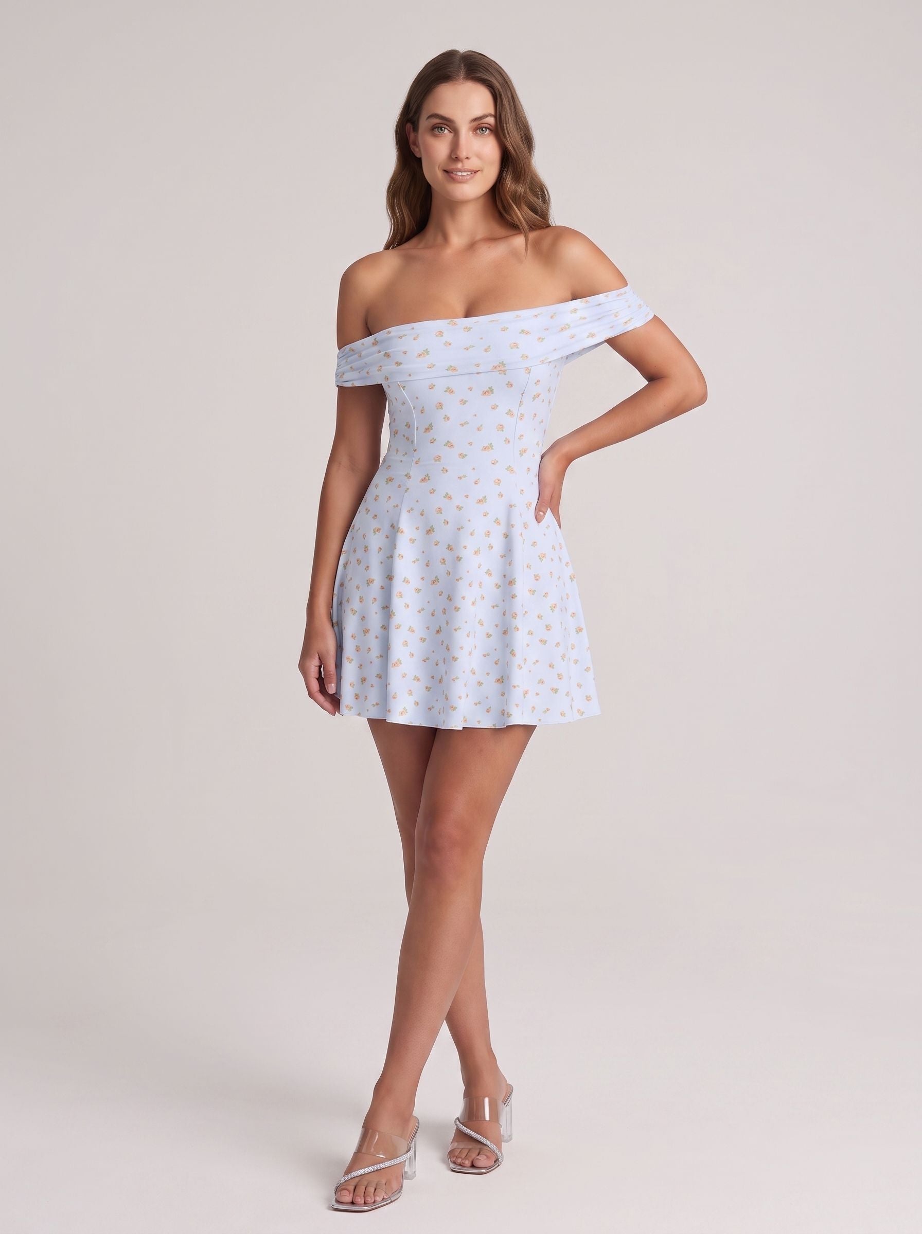 Mist Floral Stretch Knit A-Line Off-the-Shoulder Side Zip Short Dress