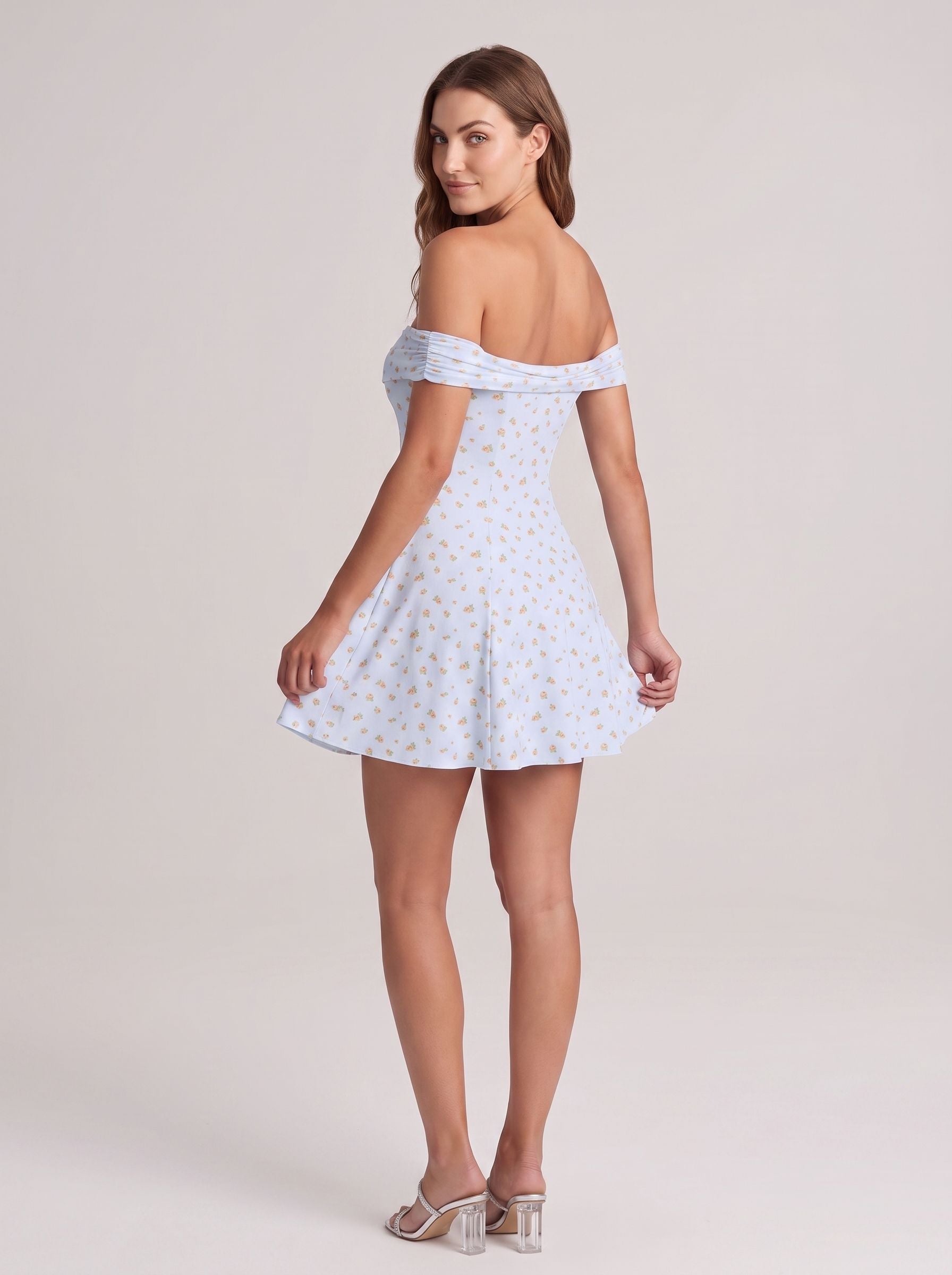 Mist Floral Stretch Knit A-Line Off-the-Shoulder Side Zip Short Dress