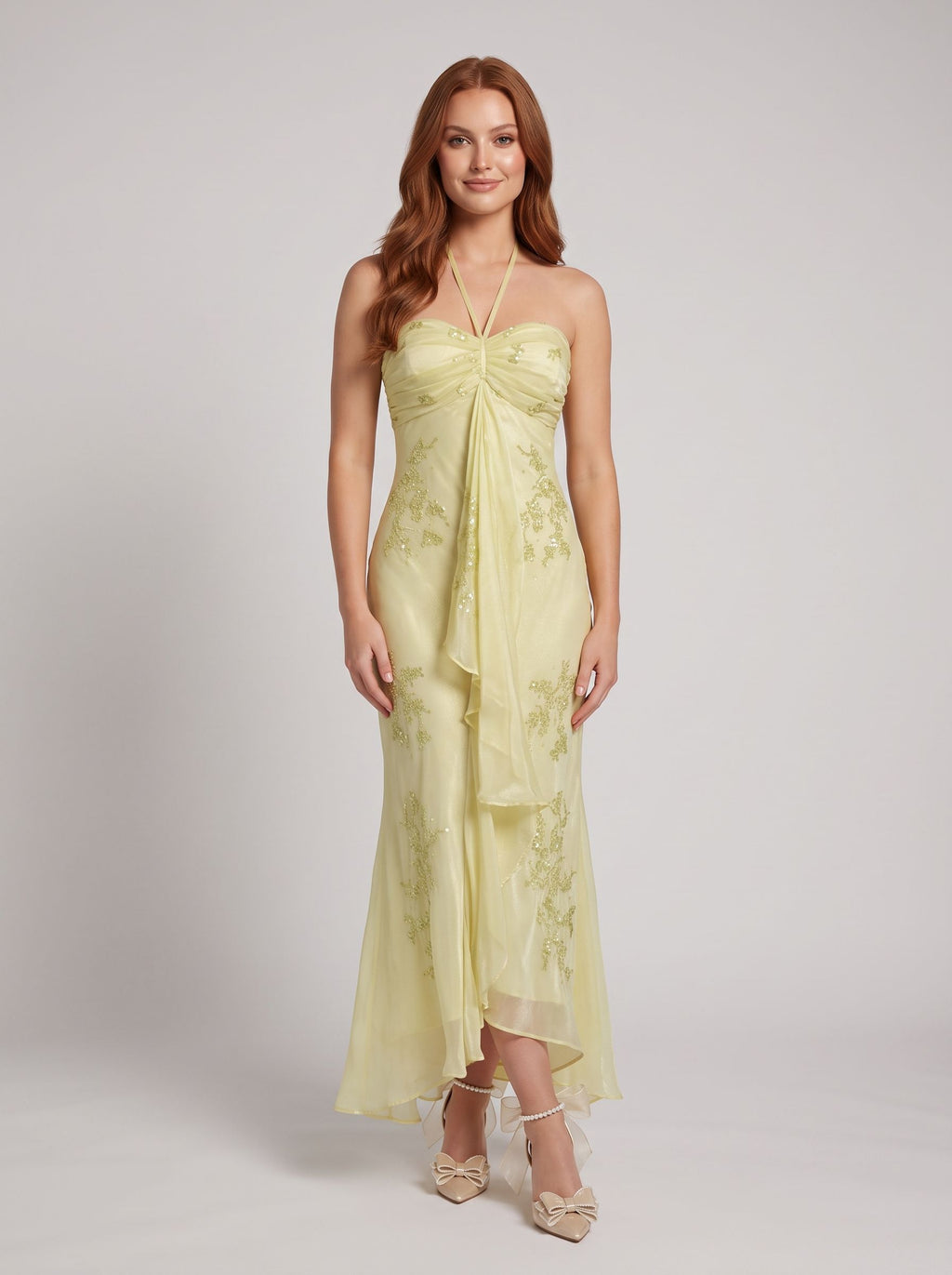 Green Chiffon A-Line Straight Neck Back Zip Floor-Length Dress with Beaded Bodice & Pleated Skirt