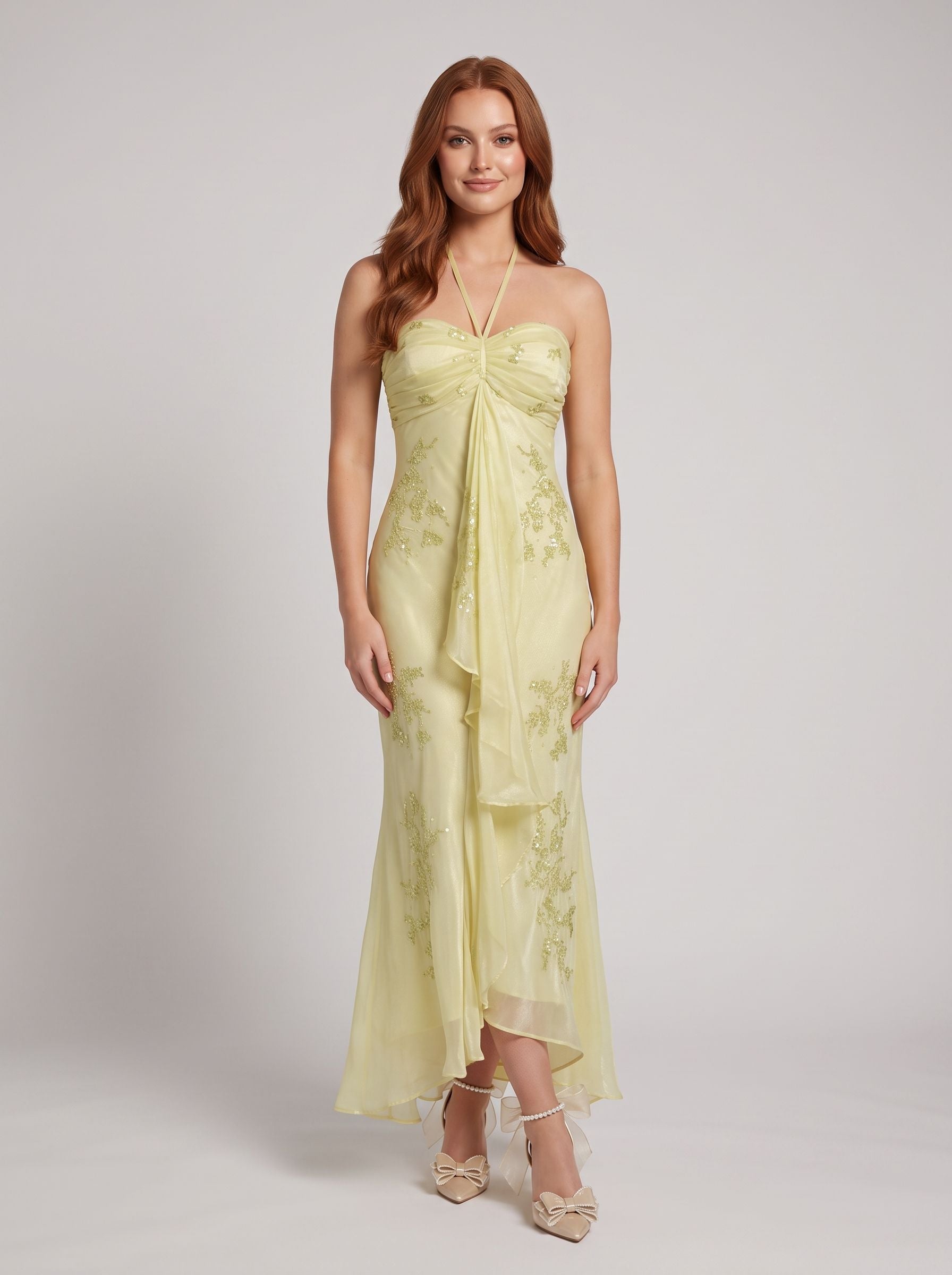 Green Chiffon A-Line Straight Neck Back Zip Floor-Length Dress with Beaded Bodice & Pleated Skirt