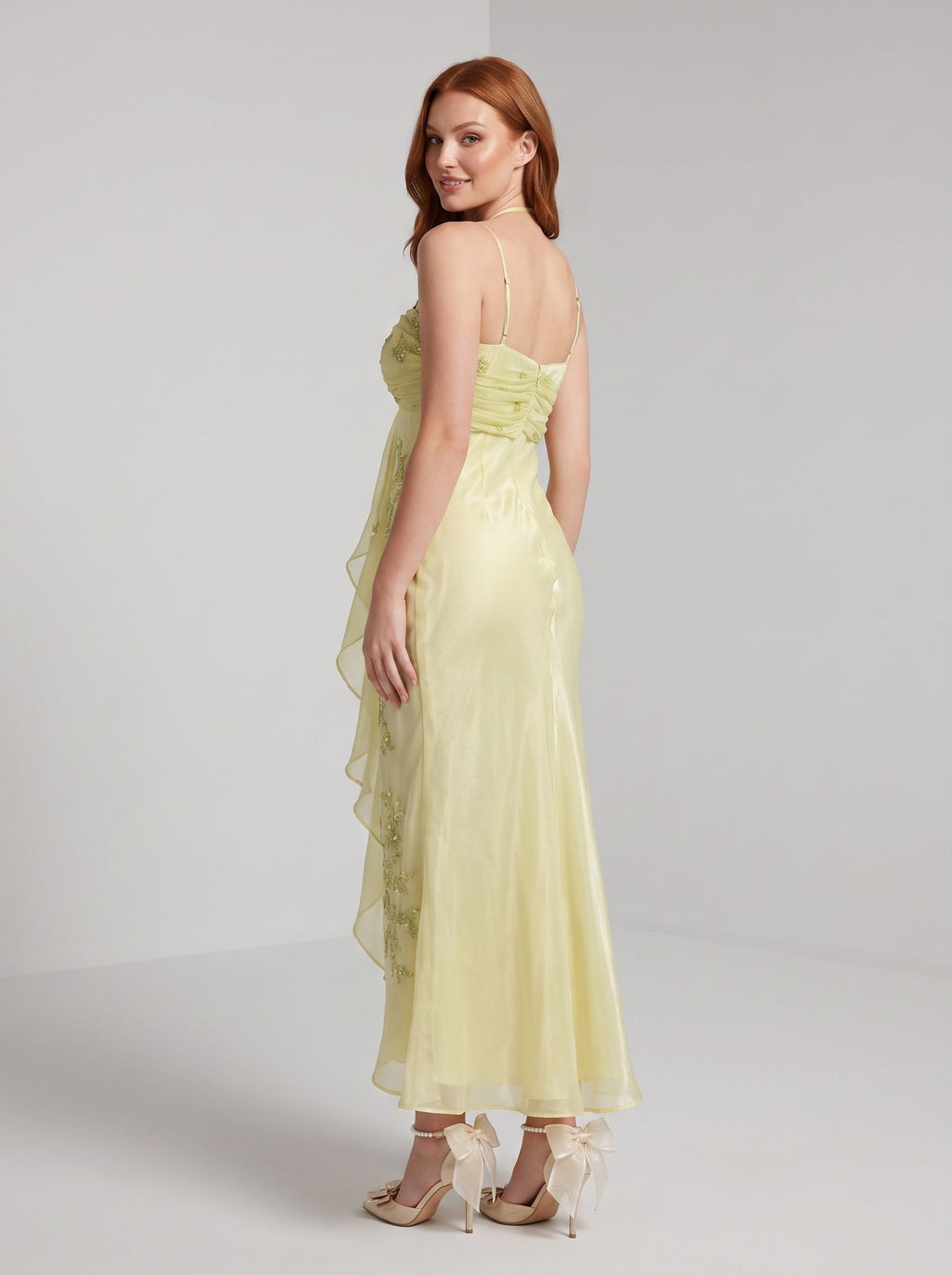 Green Chiffon A-Line Straight Neck Back Zip Floor-Length Dress with Beaded Bodice & Pleated Skirt