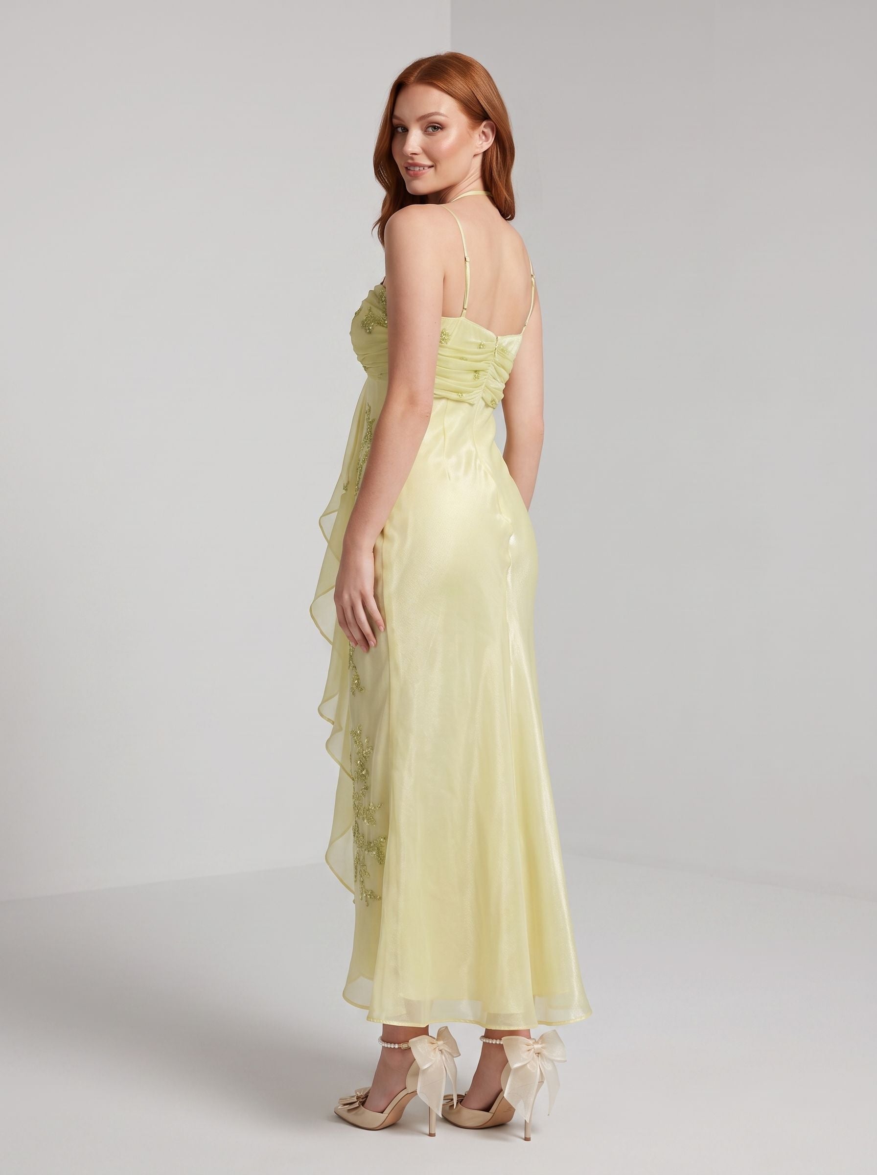 Green Chiffon A-Line Straight Neck Back Zip Floor-Length Dress with Beaded Bodice & Pleated Skirt