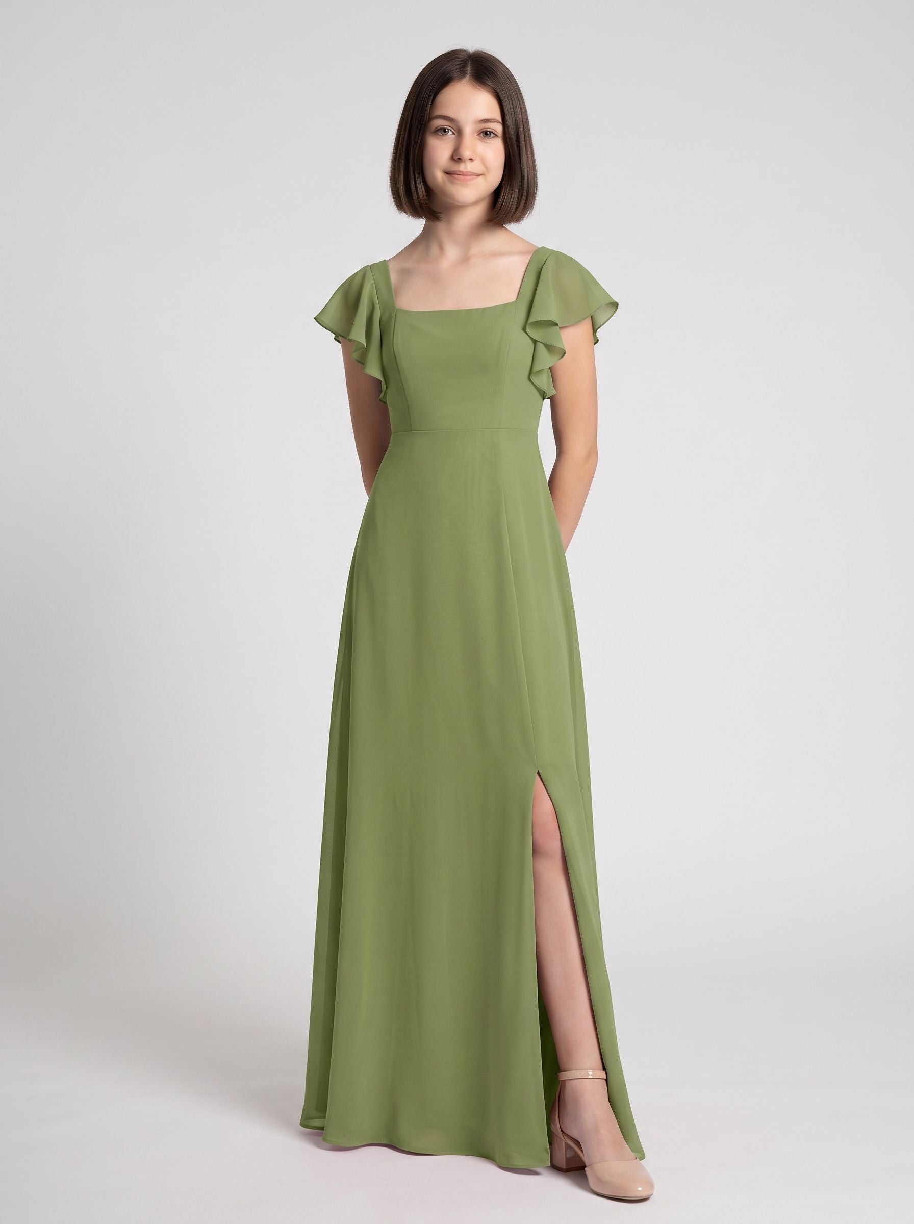 Sage Green Chiffon A-Line Square Neck Bow Floor-Length Dress with Pleated Bodice