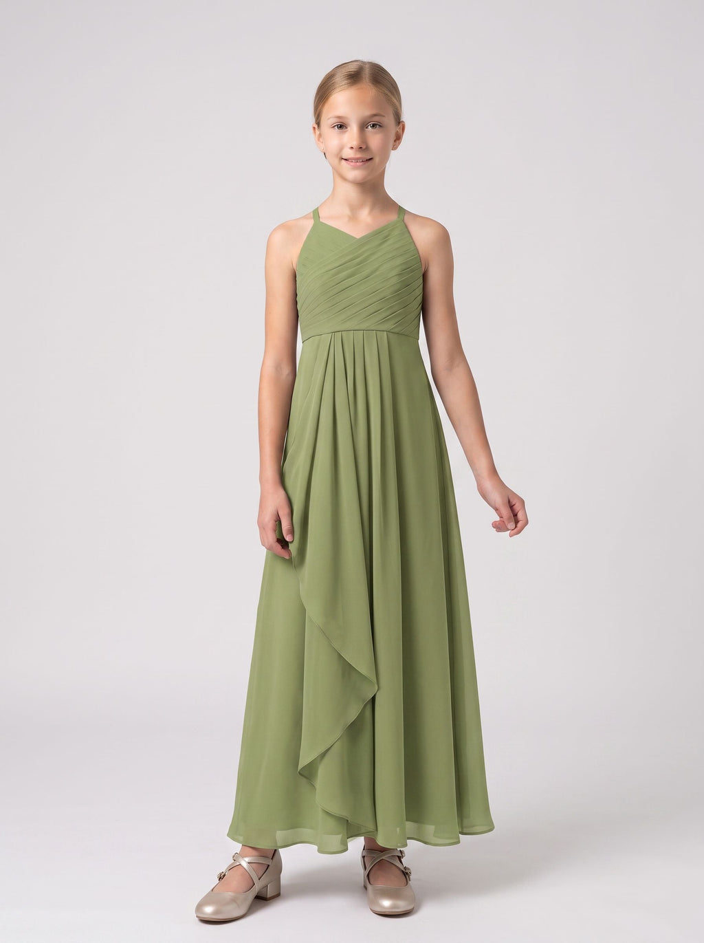 Sage Green Chiffon A-Line V-Neck Back Zip Floor-Length Dress with Cascading Ruffles
