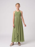 Sage Green Chiffon A-Line V-Neck Back Zip Floor-Length Dress with Cascading Ruffles
