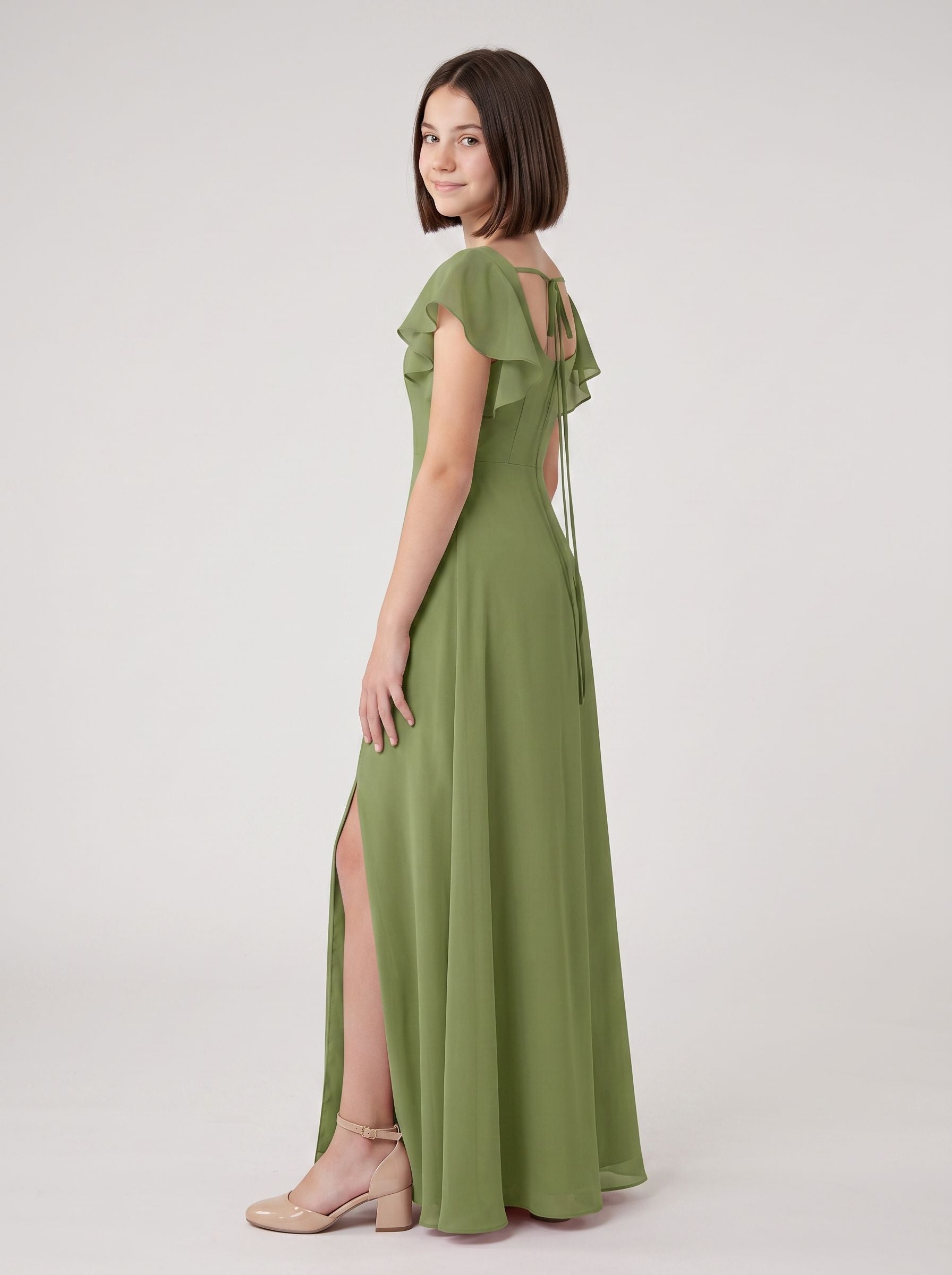 Sage Green Chiffon A-Line Square Neck Bow Floor-Length Dress with Pleated Bodice