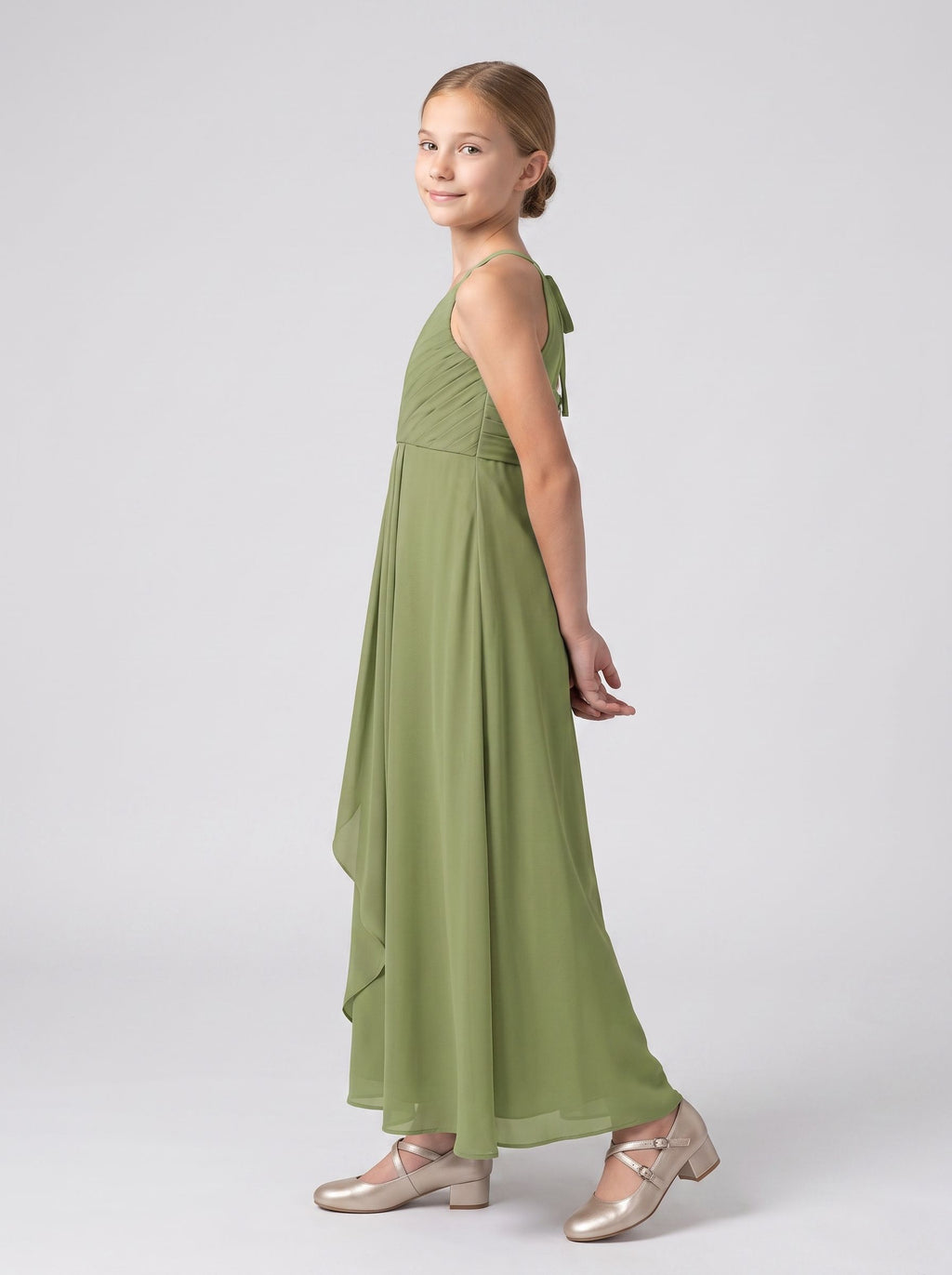 Sage Green Chiffon A-Line V-Neck Back Zip Floor-Length Dress with Cascading Ruffles