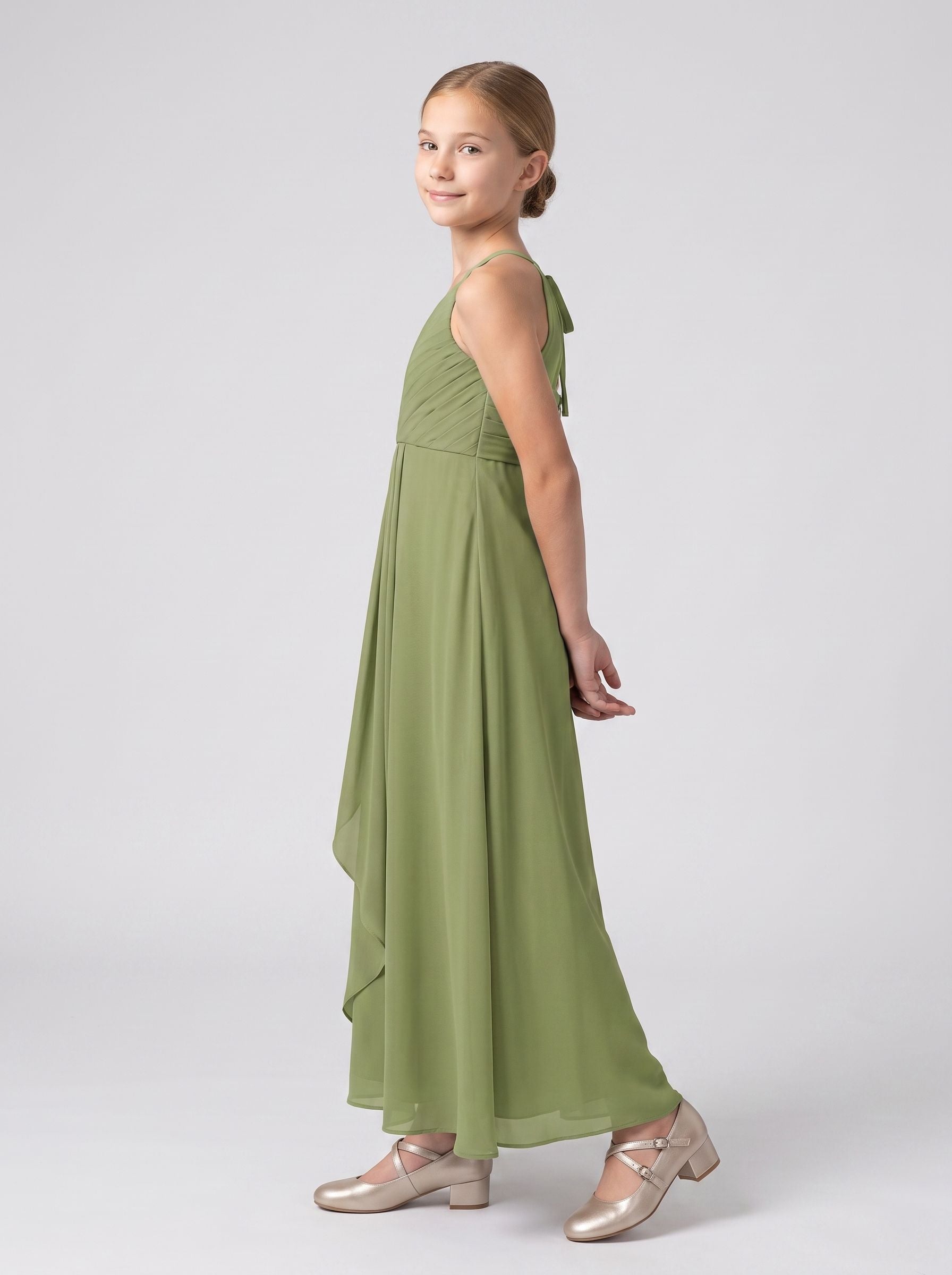Sage Green Chiffon A-Line V-Neck Back Zip Floor-Length Dress with Cascading Ruffles