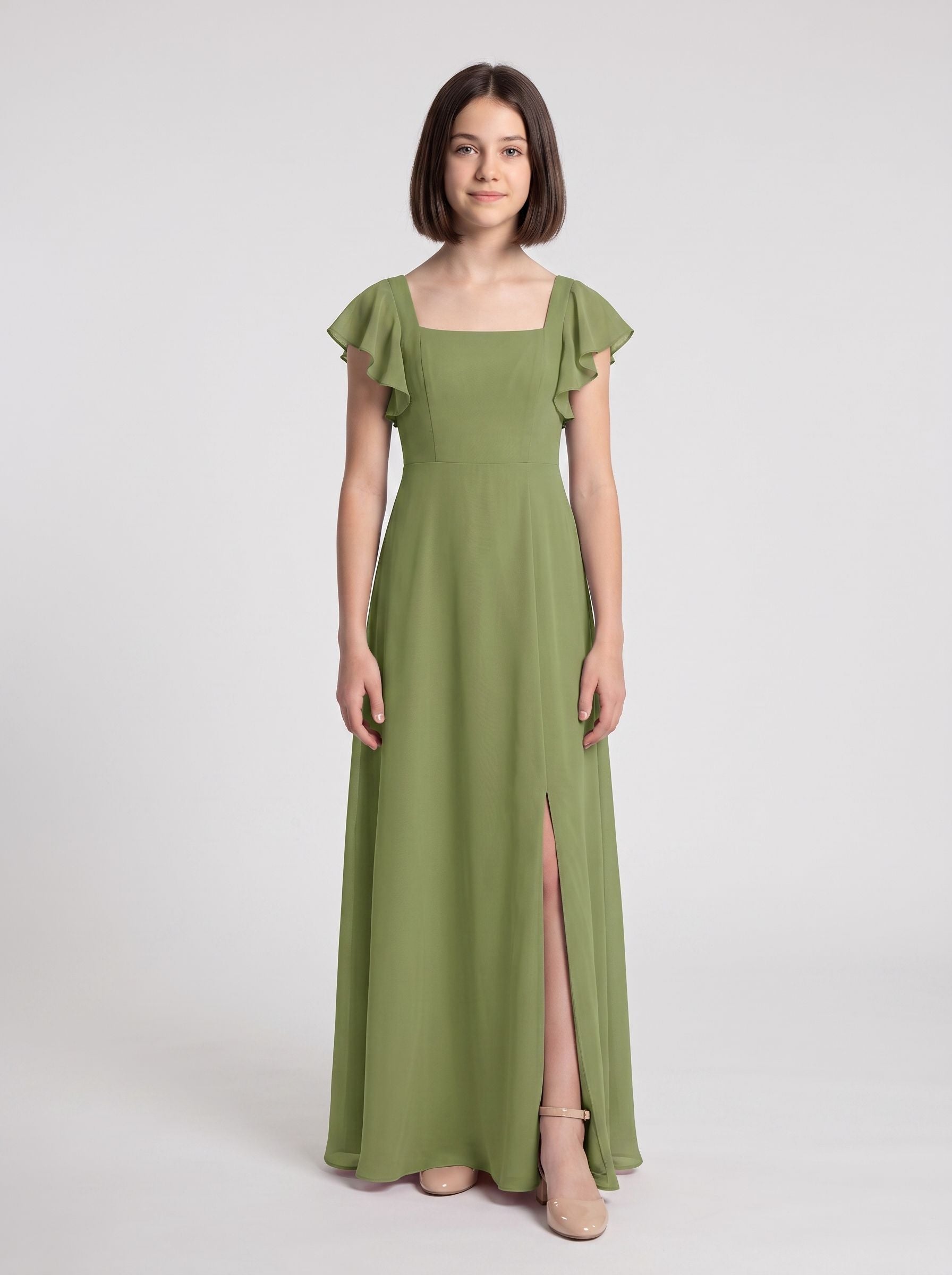 Sage Green Chiffon A-Line Square Neck Bow Floor-Length Dress with Pleated Bodice