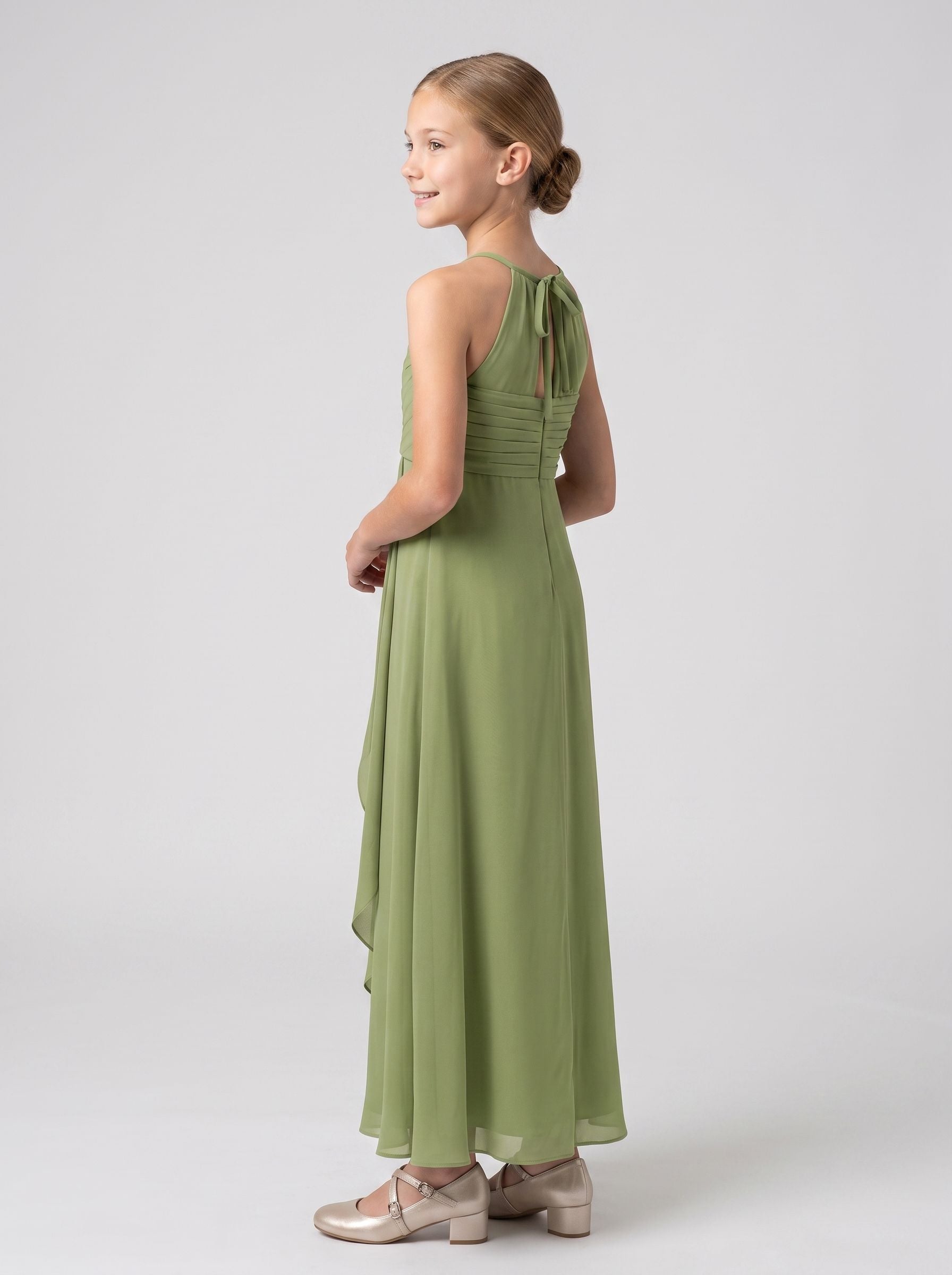 Sage Green Chiffon A-Line V-Neck Back Zip Floor-Length Dress with Cascading Ruffles