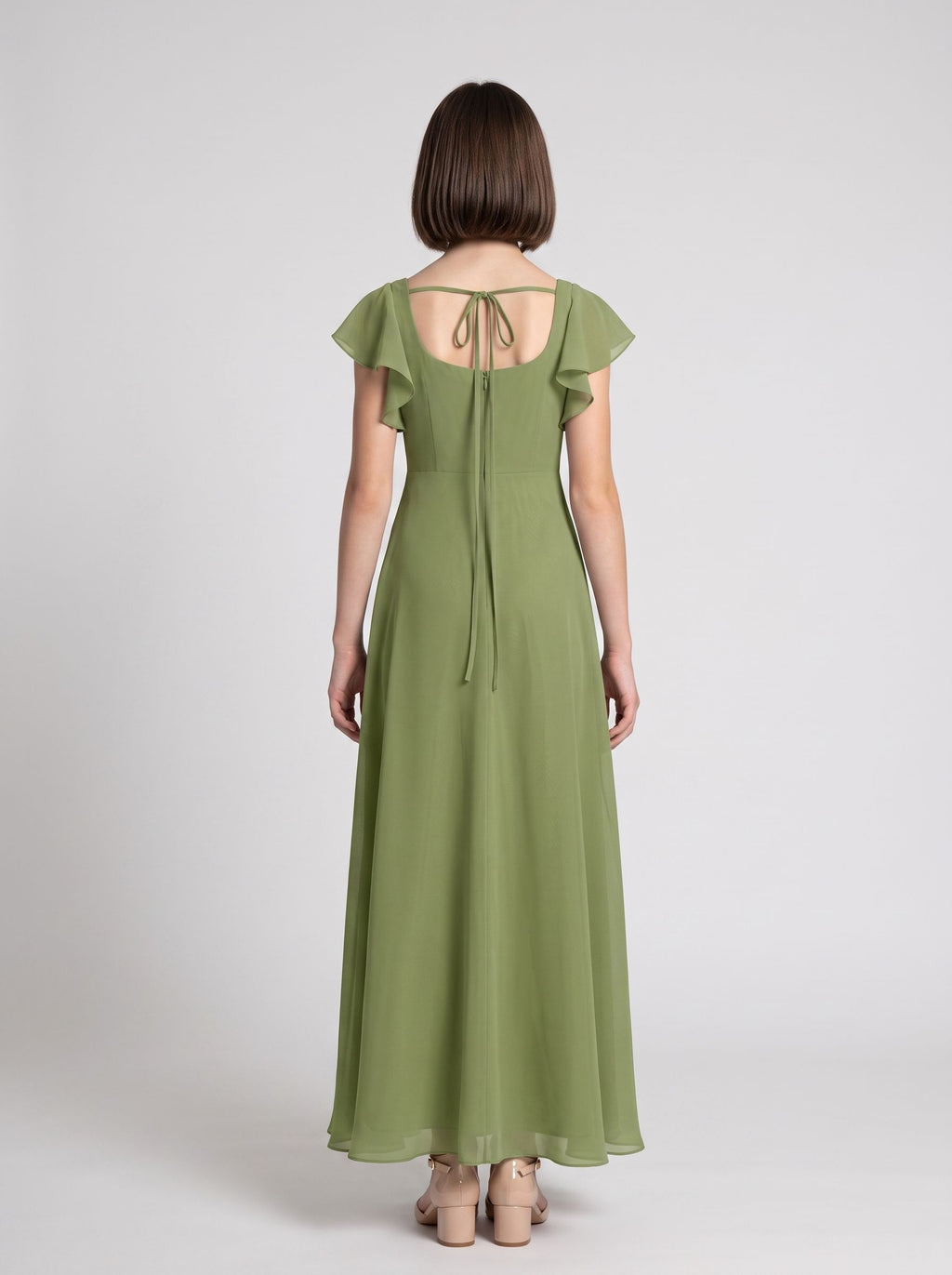 Sage Green Chiffon A-Line Square Neck Bow Floor-Length Dress with Pleated Bodice