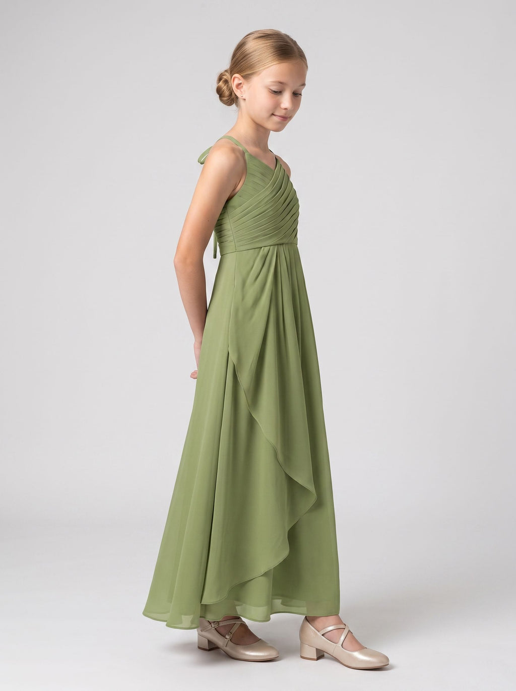 Sage Green Chiffon A-Line V-Neck Back Zip Floor-Length Dress with Cascading Ruffles