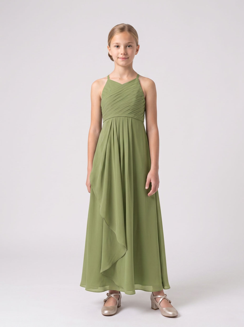Sage Green Chiffon A-Line V-Neck Back Zip Floor-Length Dress with Cascading Ruffles