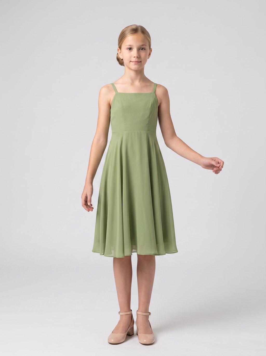 Sage Green Chiffon A-Line Straight Neck Bow Knee-Length with Pleating